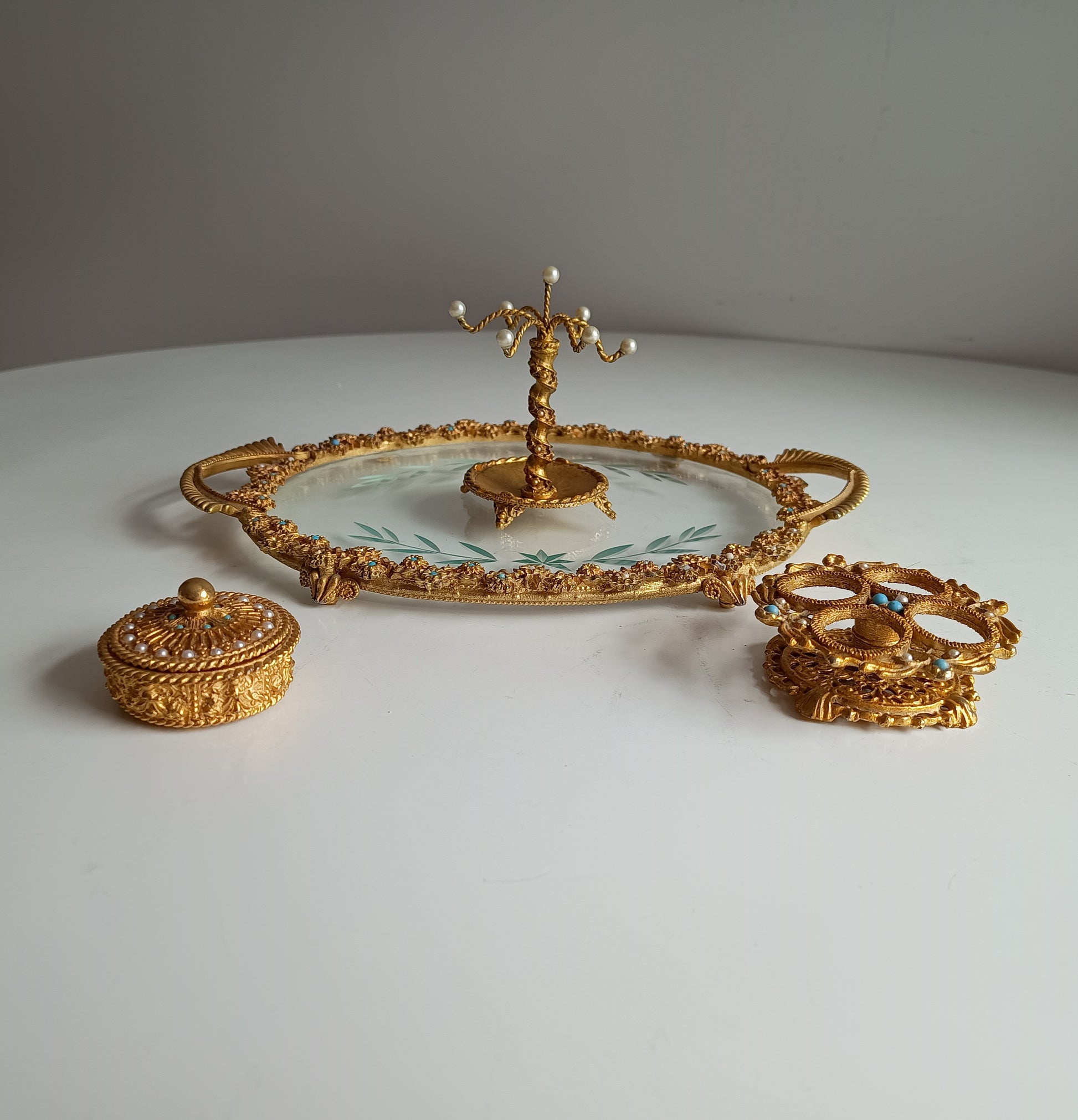 Vintage English Mirella Vanity Set: Hollywood Regency Tray, Box, Lipstick Holder