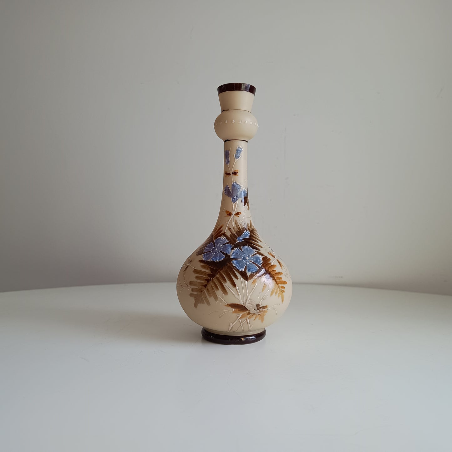 Art Nouveau Enamelled Satin Glass Vase: Cornflowers Decor, Bohemia c1890s