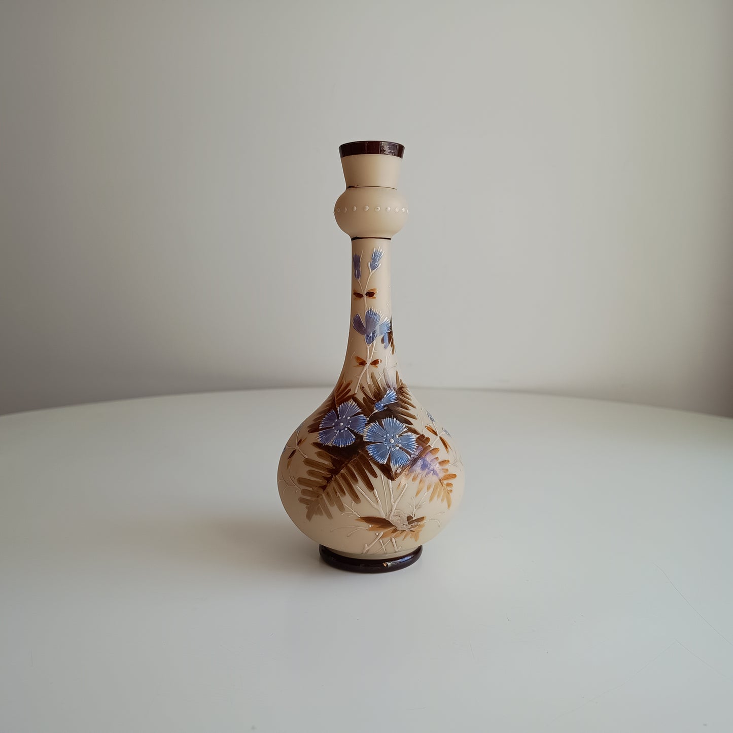 Art Nouveau Enamelled Satin Glass Vase: Cornflowers Decor, Bohemia c1890s