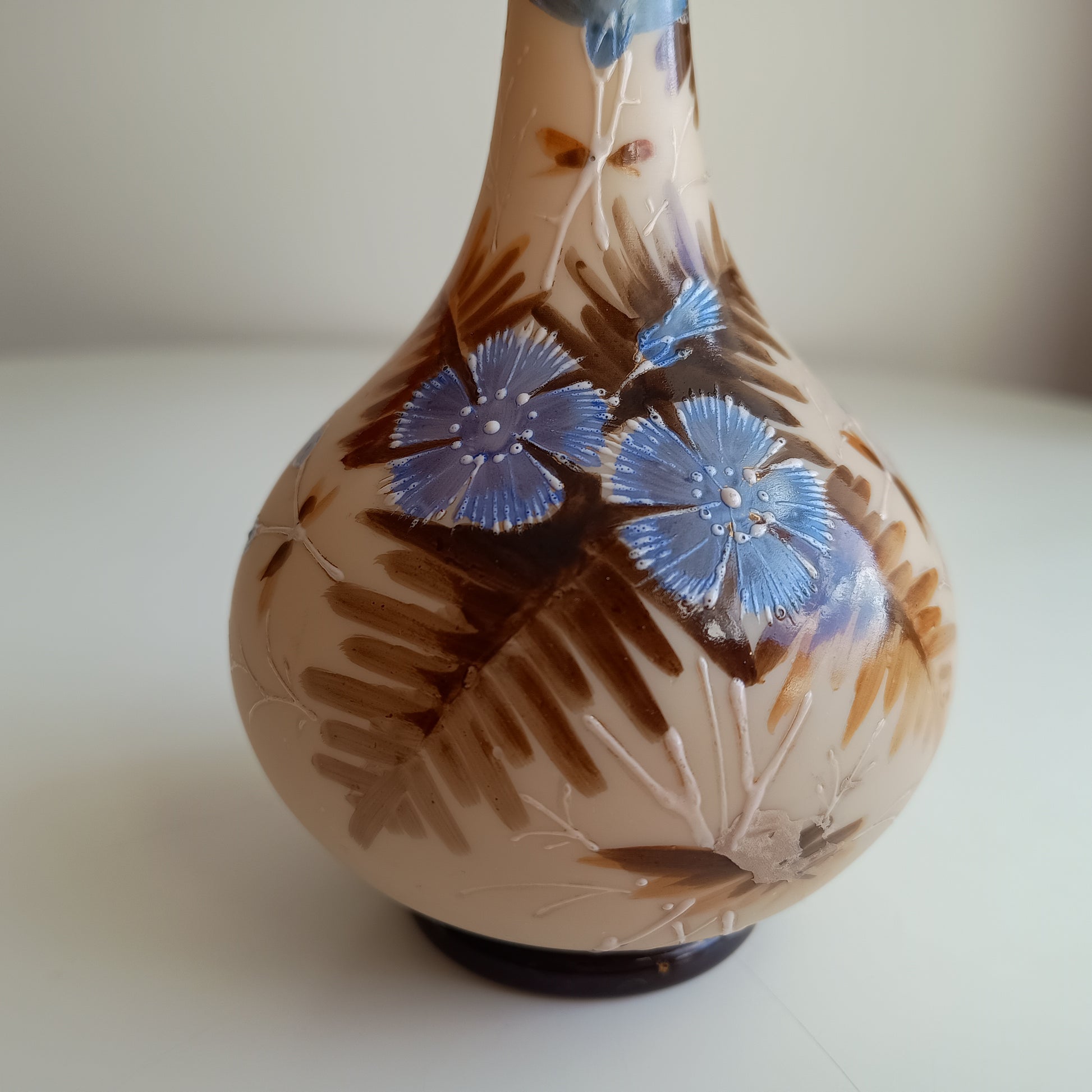 Art Nouveau Enamelled Satin Glass Vase: Cornflowers Decor, Bohemia c1890s