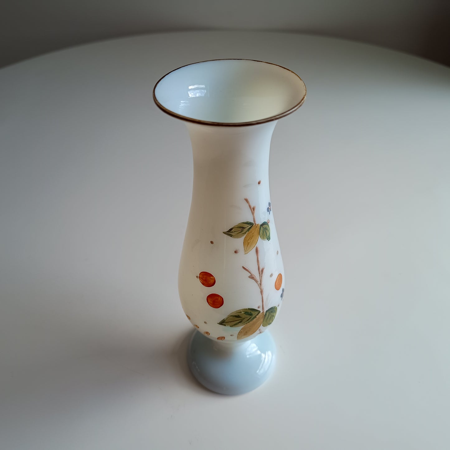Art Nouveau Enamelled White Opaline Glass Vase: Aesthetic Movement, Berries Decor, Bohemia