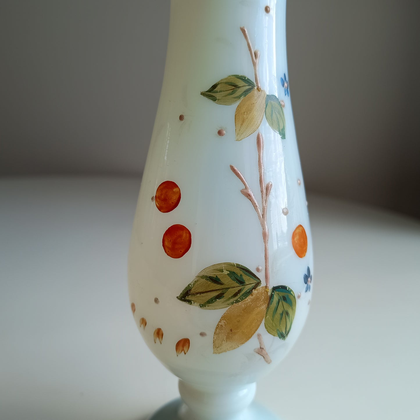 Art Nouveau Enamelled White Opaline Glass Vase: Aesthetic Movement, Berries Decor, Bohemia