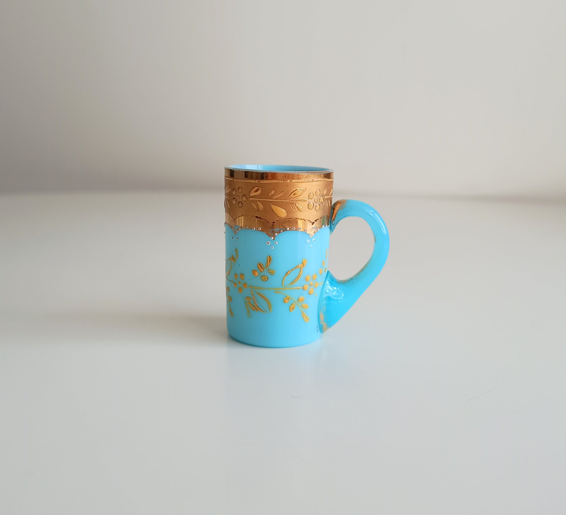 Opaline Blue Glass Liqueur Glass: Mug Shape, Belle Epoque Decor, Enamel Gold Paste