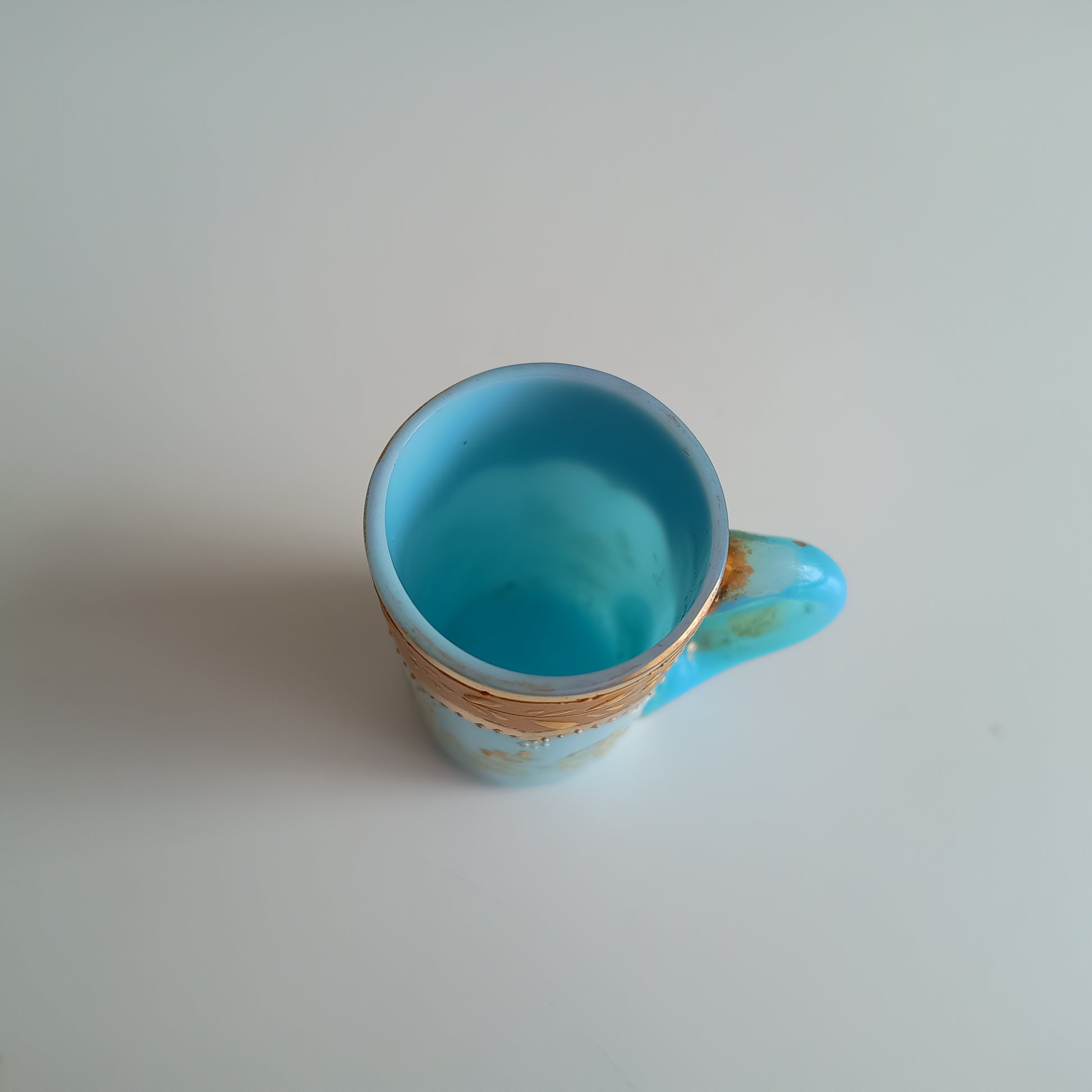 Opaline Blue Glass Liqueur Glass: Mug Shape, Belle Epoque Decor, Enamel Gold Paste