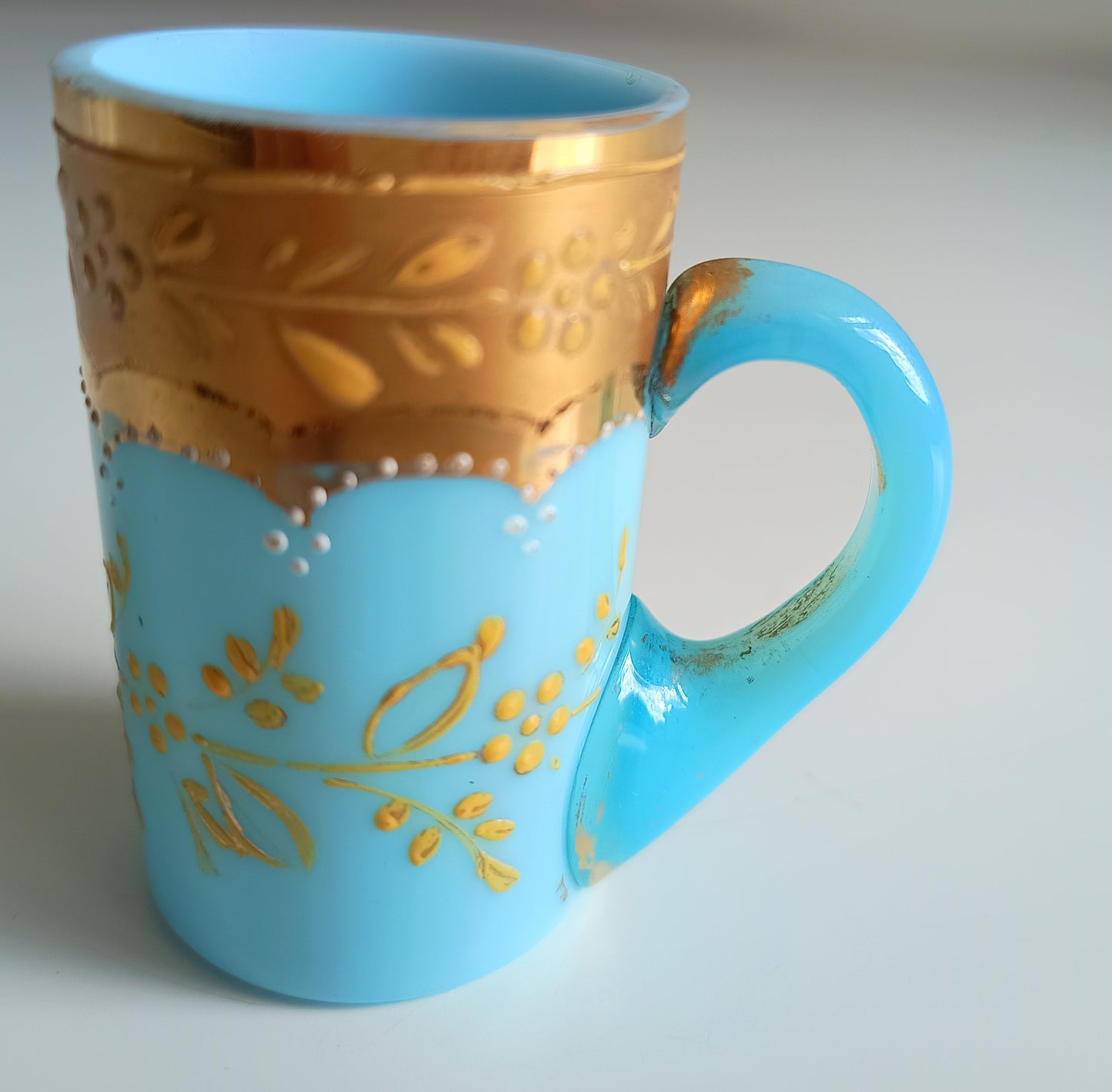 Opaline Blue Glass Liqueur Glass: Mug Shape, Belle Epoque Decor, Enamel Gold Paste