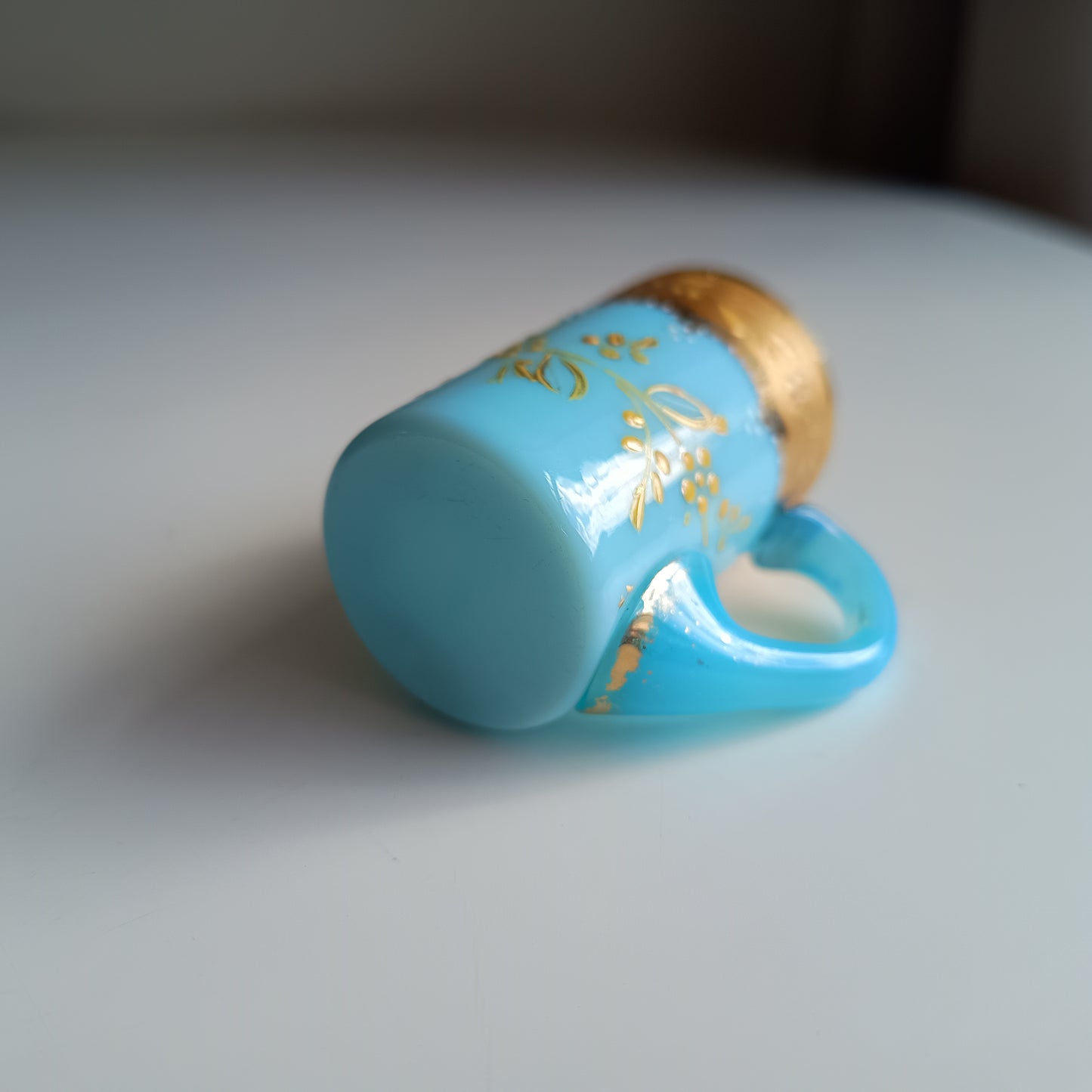 Opaline Blue Glass Liqueur Glass: Mug Shape, Belle Epoque Decor, Enamel Gold Paste