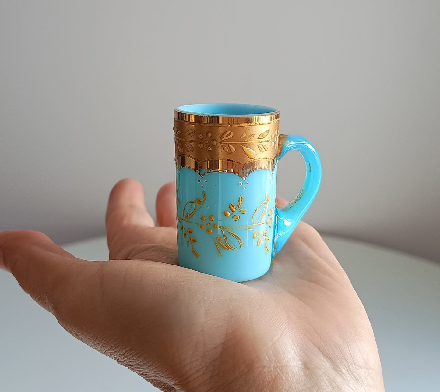 Opaline Blue Glass Liqueur Glass: Mug Shape, Belle Epoque Decor, Enamel Gold Paste