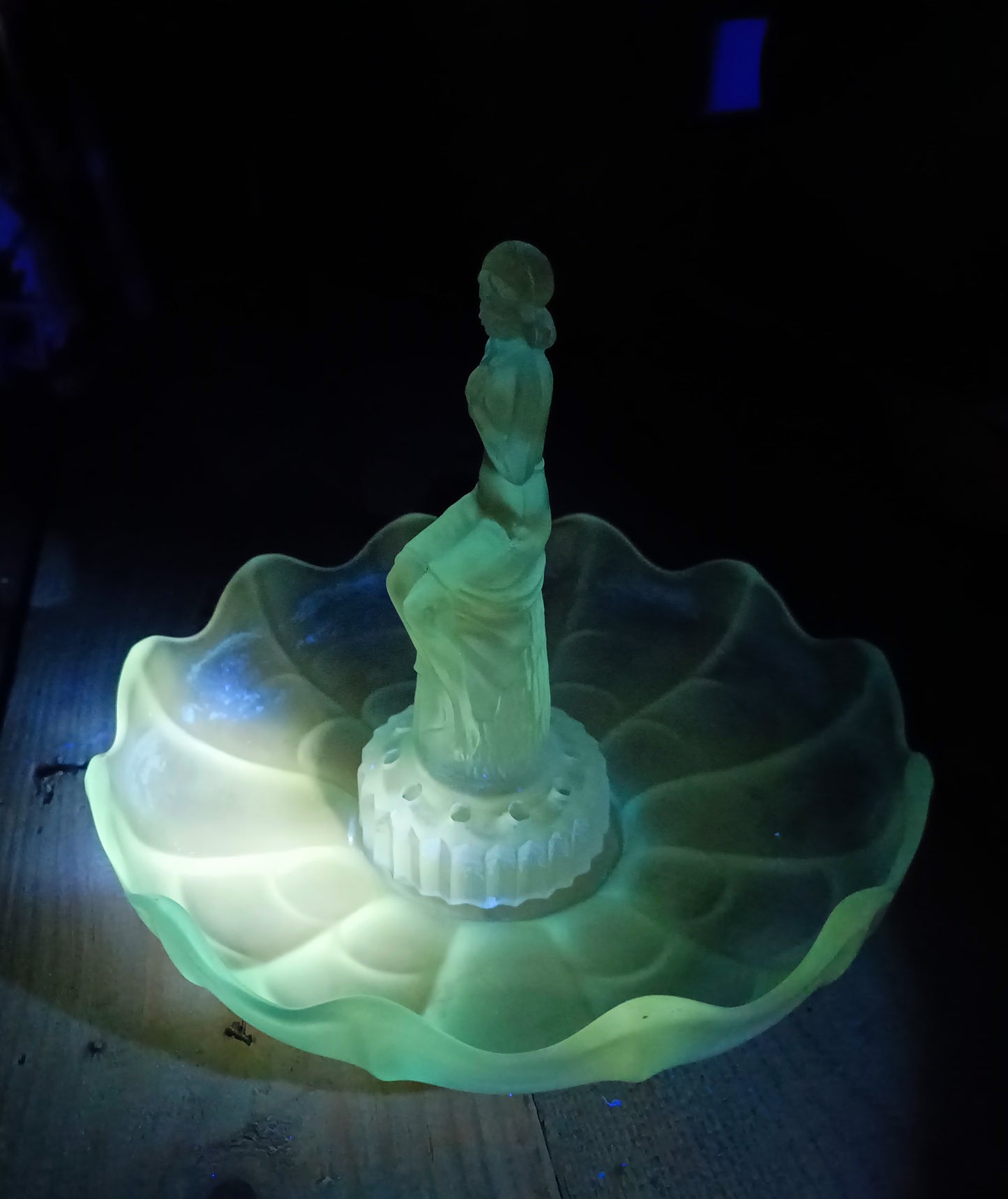 Vintage English Art Deco Pressed Glass Sculpture and Bowl: Flower Frog Centrepiece, Sowerby