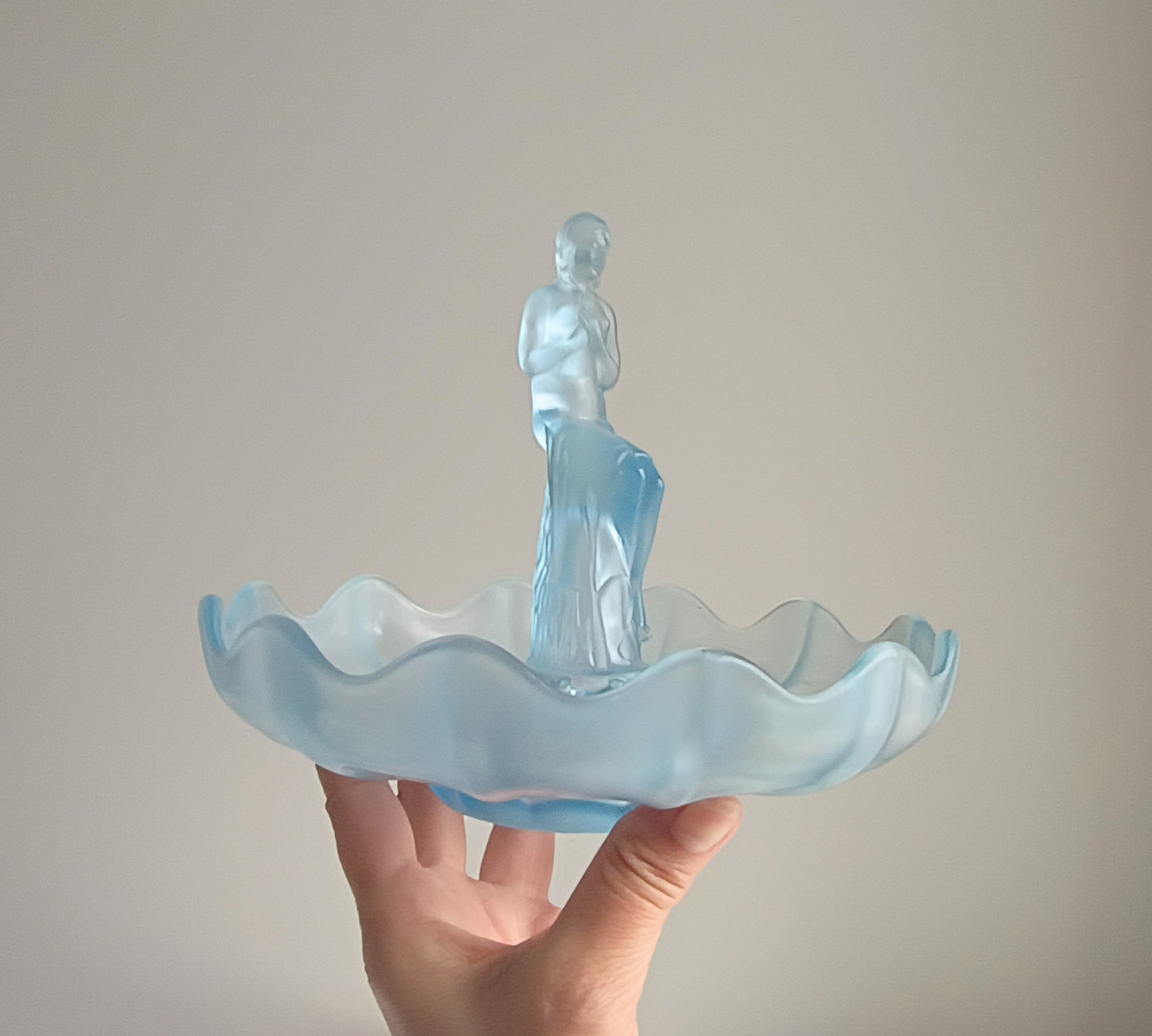 Vintage English Art Deco Pressed Glass Sculpture and Bowl: Flower Frog Centrepiece, Sowerby