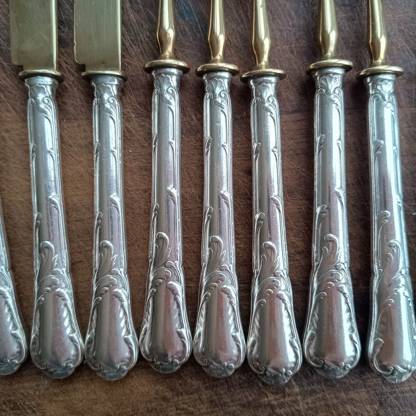 Antique French Silver Plate Handles and Gilt Blades Dessert or Fruit Curlery Set: Six Knives and Six Three-Prong Forks, Christofle, 1900