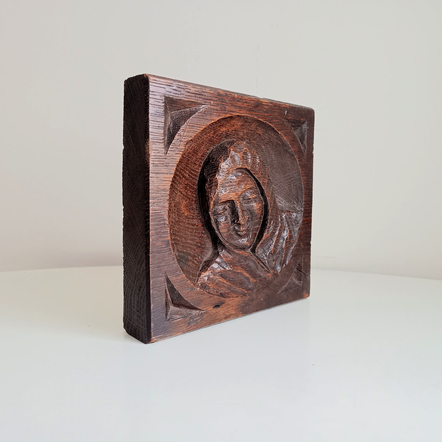 Arts and Crafts Gothic Revival Oak Panel: Antique Hand-Carved Monk Relief c.1900