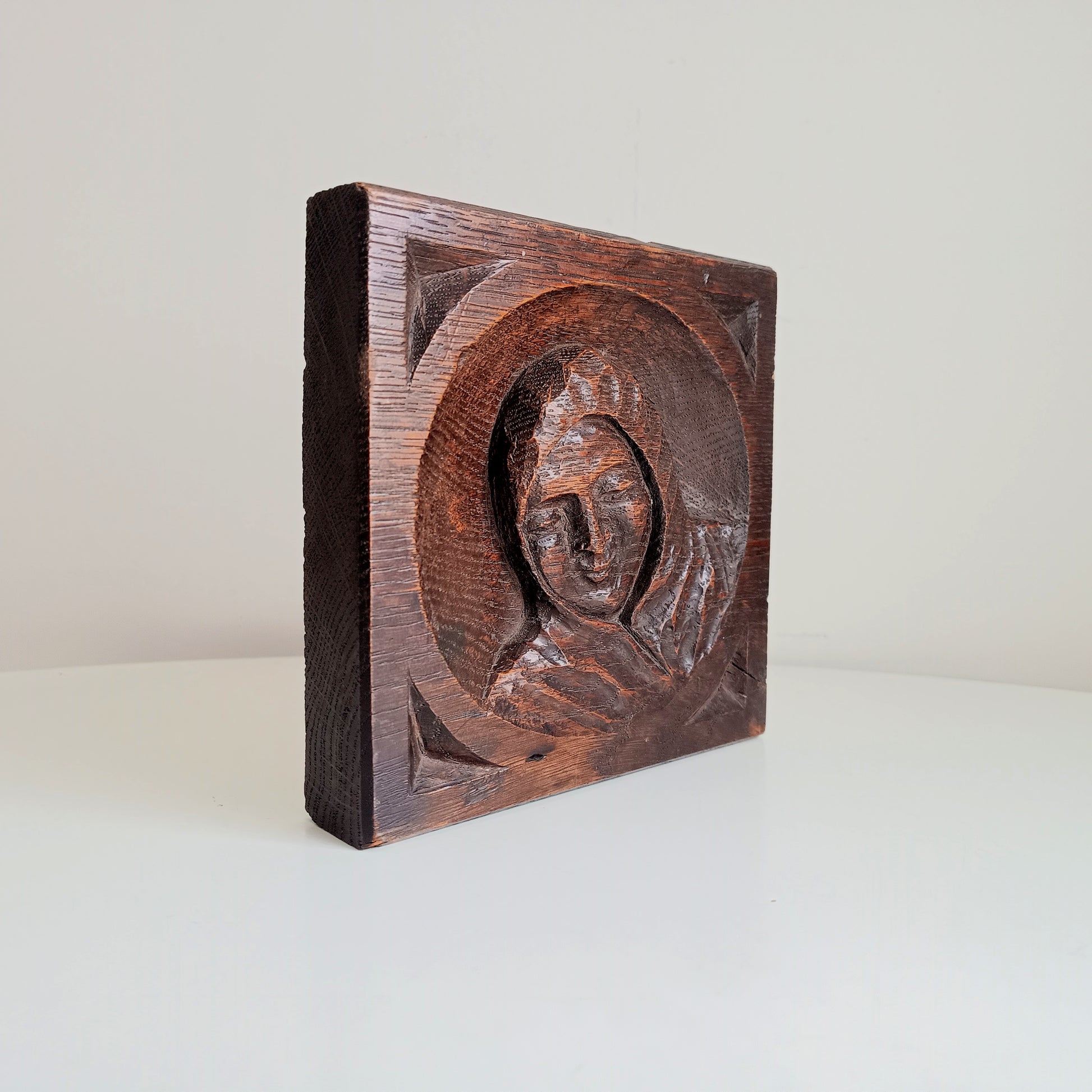 Arts and Crafts Gothic Revival Oak Panel: Antique Hand-Carved Monk Relief c.1900