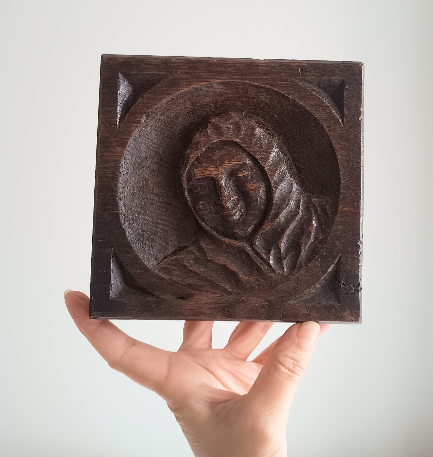 Arts and Crafts Gothic Revival Oak Panel: Antique Hand-Carved Monk Relief c.1900