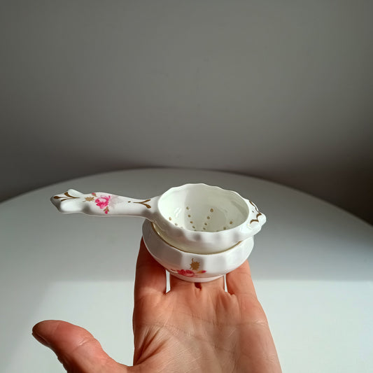 Vintage English Fine Bone Porcelain Tea Strainer: Rose Decor