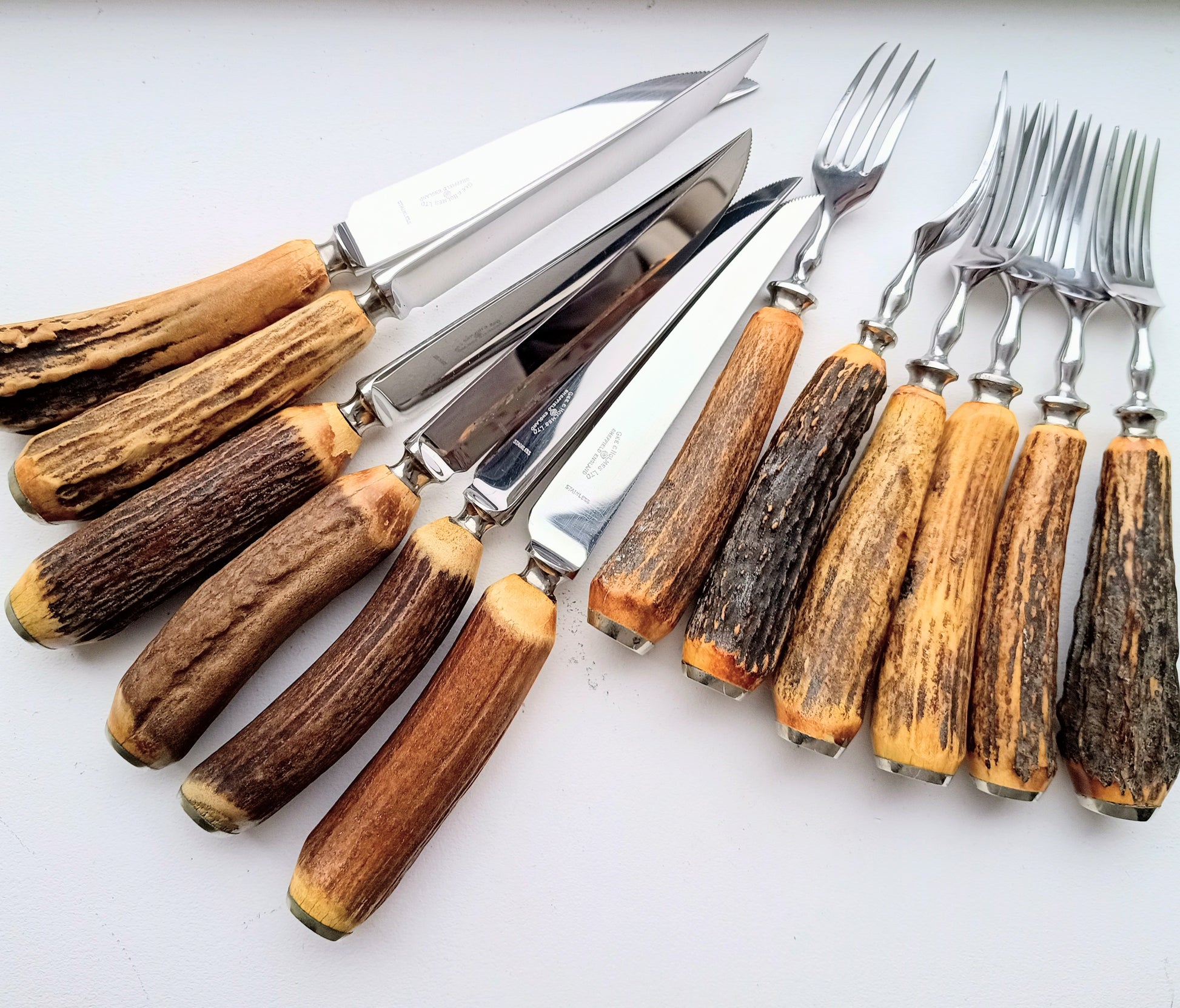 Traditional Steak Cutlery Set: Scottish Vintage Steak Cutlery Set: Forks and Knives with Stag or Antler Handles, Sheffield England