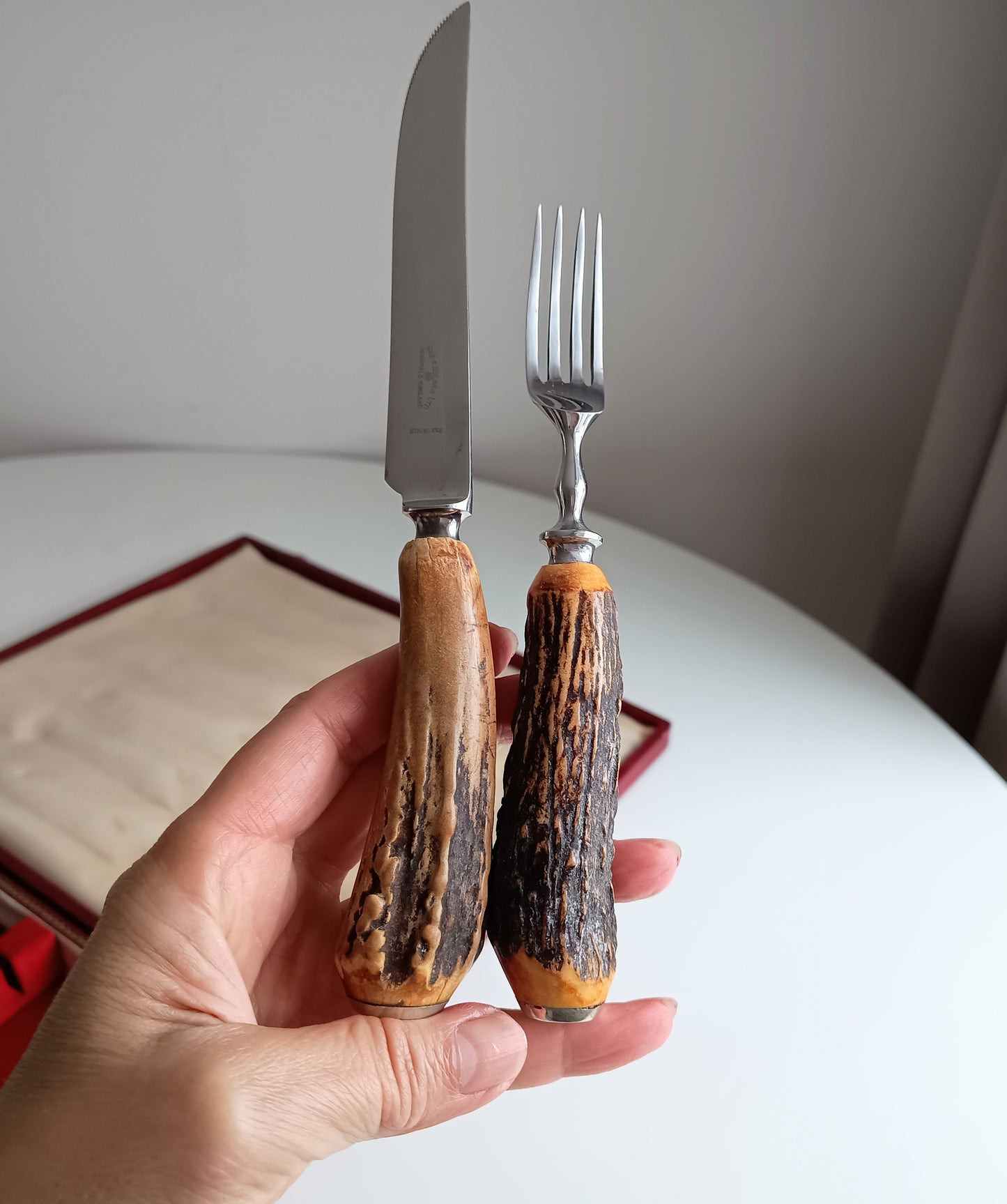 Traditional Steak Cutlery Set: Scottish Stag Antler Handles, Sheffield Steel, Original Box