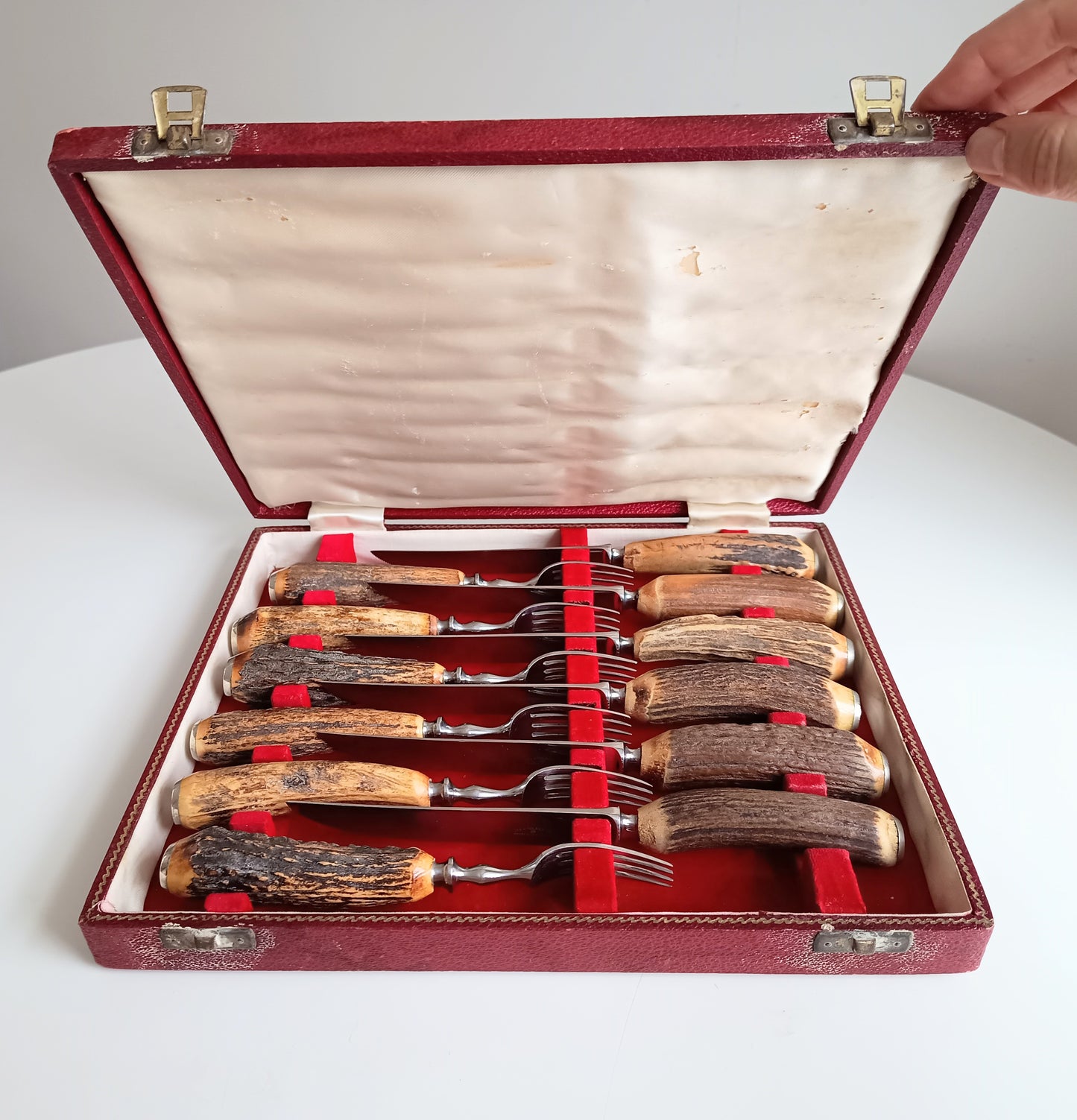 Traditional Steak Cutlery Set: Scottish Stag Antler Handles, Sheffield Steel, Original Box