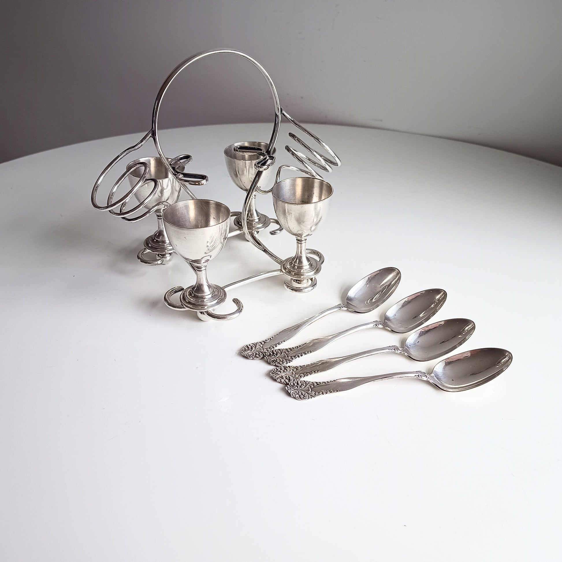 Art Nouveau Silver Plate Egg Cruet: Breakfast Serving Set, Christopher Dresser Style