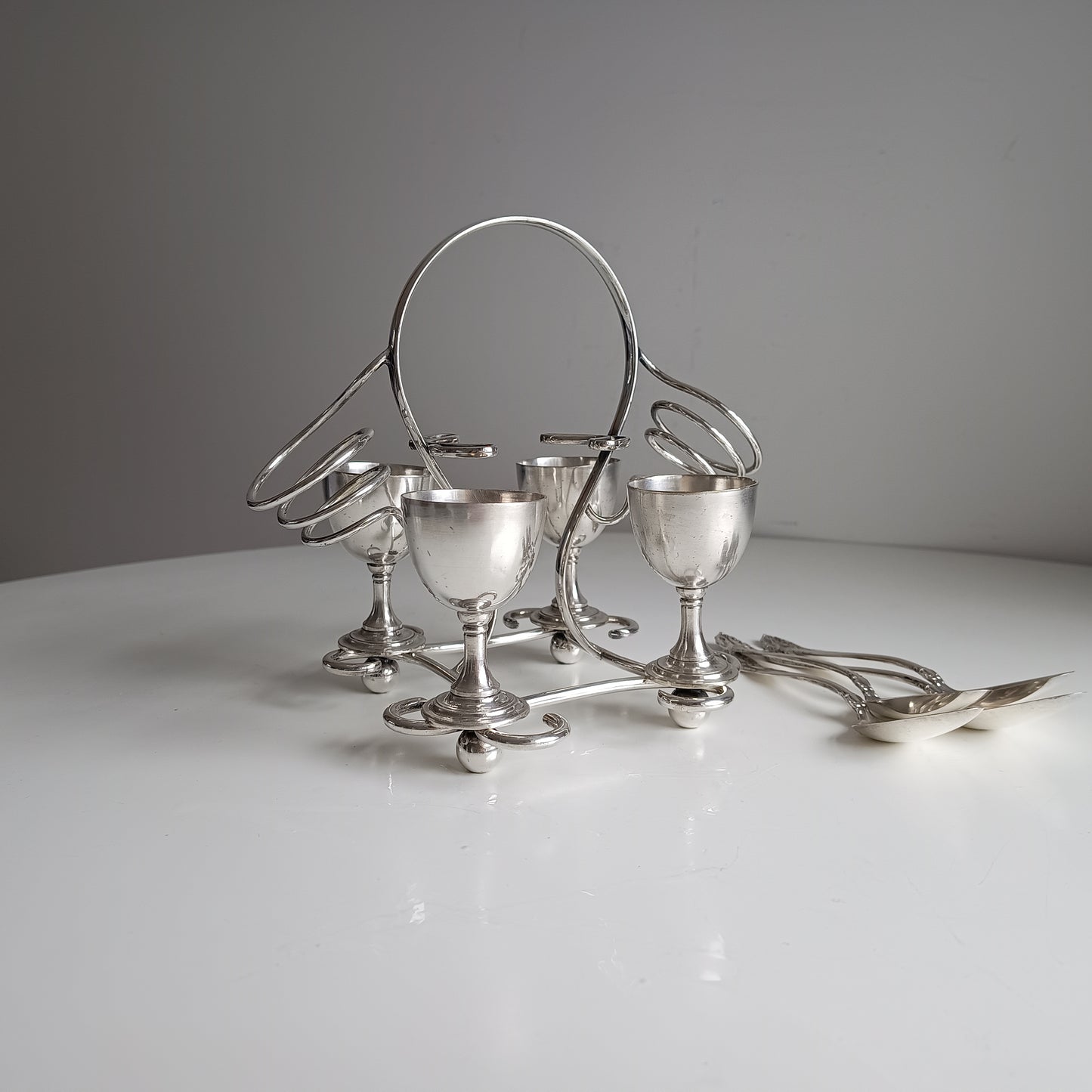 Art Nouveau Silver Plate Egg Cruet: Breakfast Serving Set, Christopher Dresser Style