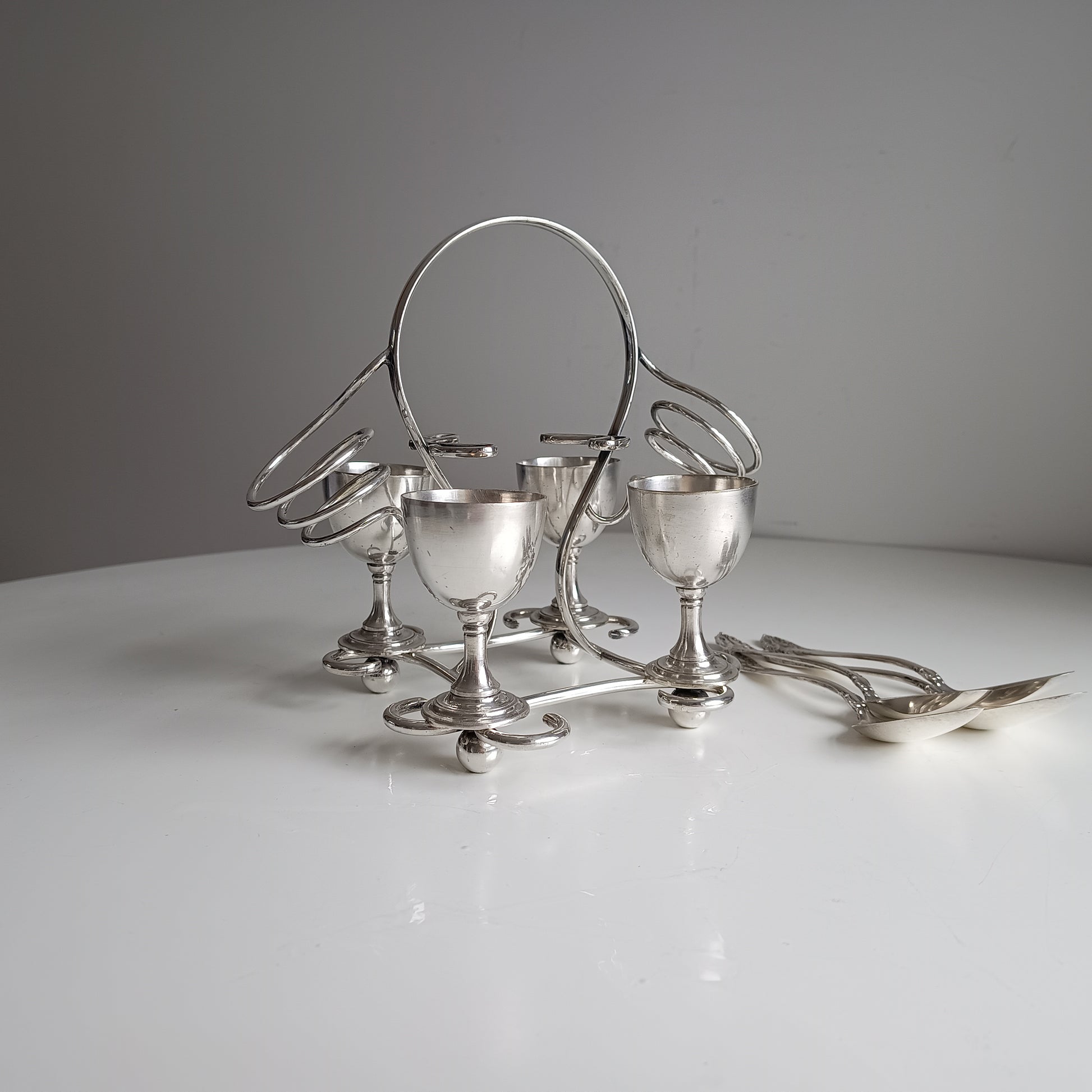 Art Nouveau Silver Plate Egg Cruet: Breakfast Serving Set, Christopher Dresser Style