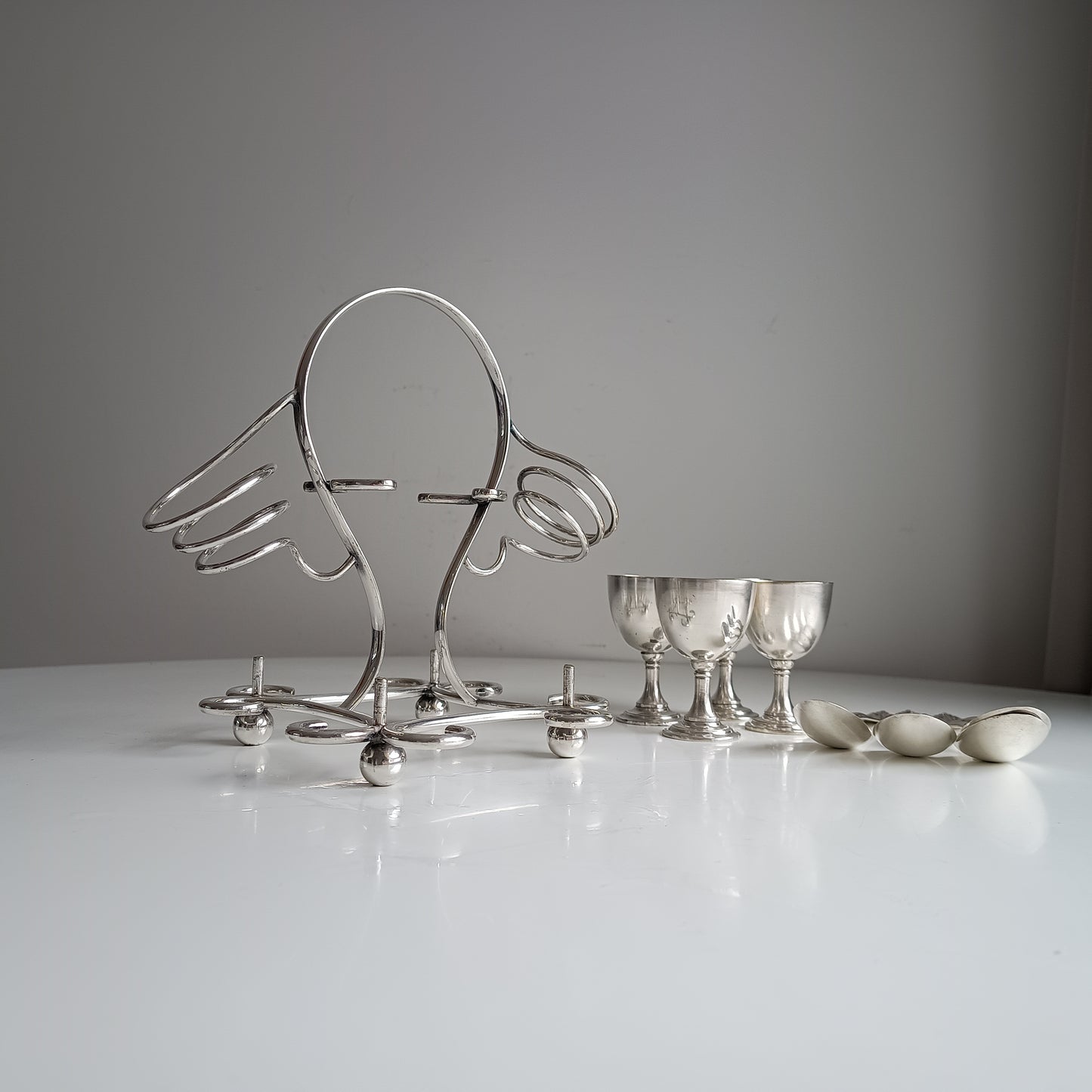 Art Nouveau Silver Plate Egg Cruet: Breakfast Serving Set, Christopher Dresser Style