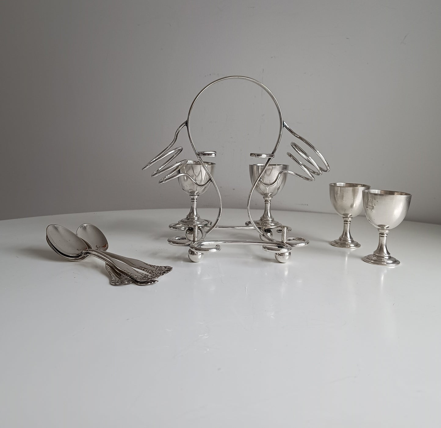 Art Nouveau Silver Plate Egg Cruet: Breakfast Serving Set, Christopher Dresser Style