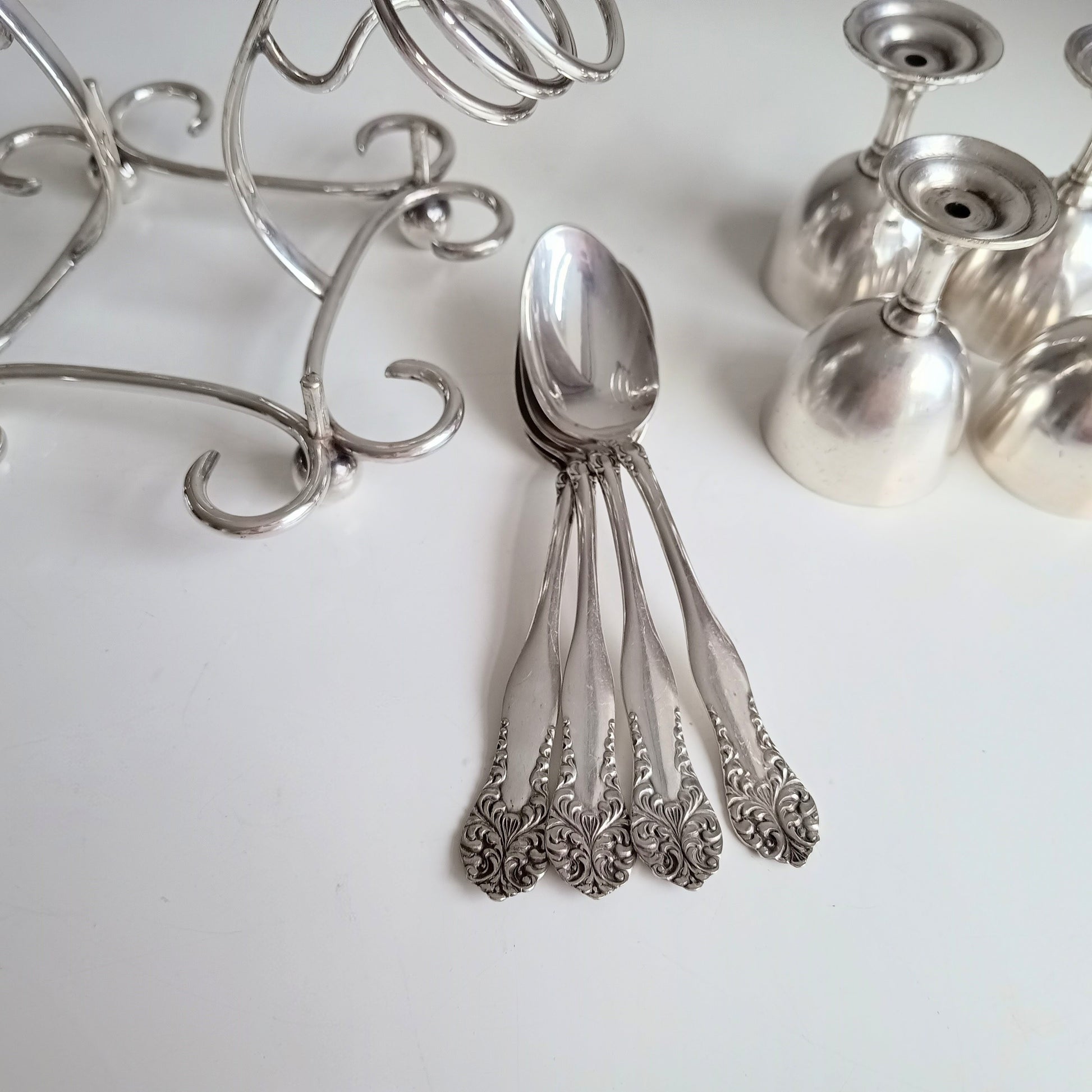 Art Nouveau Silver Plate Egg Cruet: Breakfast Serving Set, Christopher Dresser Style