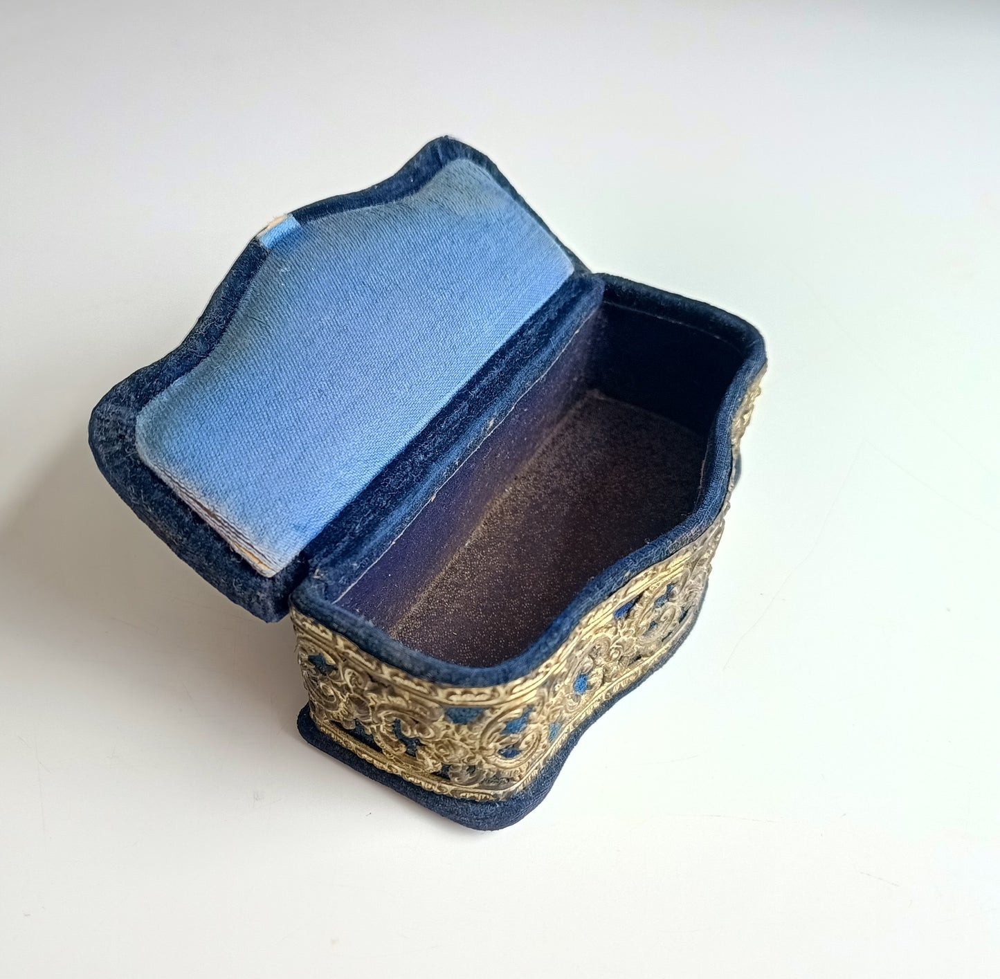 Two Antique Victorian Pin Cushions: Navy Velvet, Metal Lace Ornament, c 1890