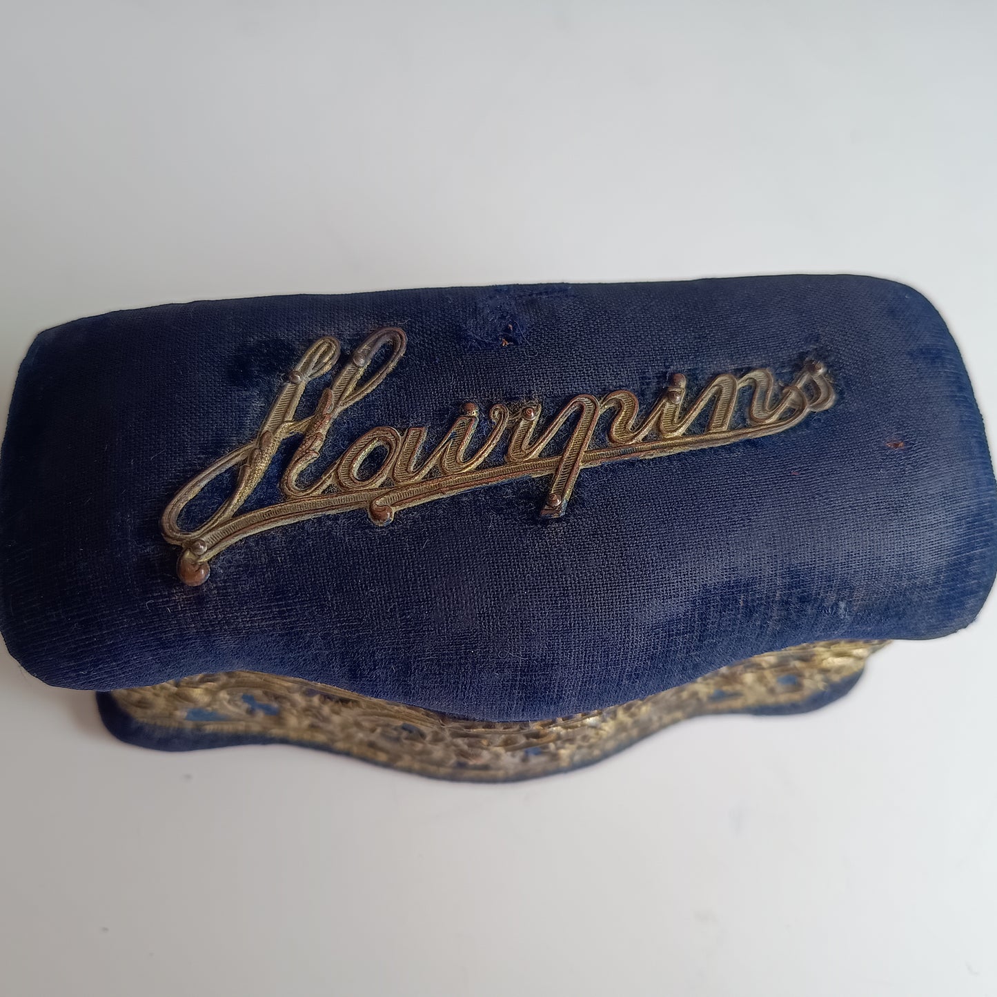 Two Antique Victorian Pin Cushions: Navy Velvet, Metal Lace Ornament, c 1890