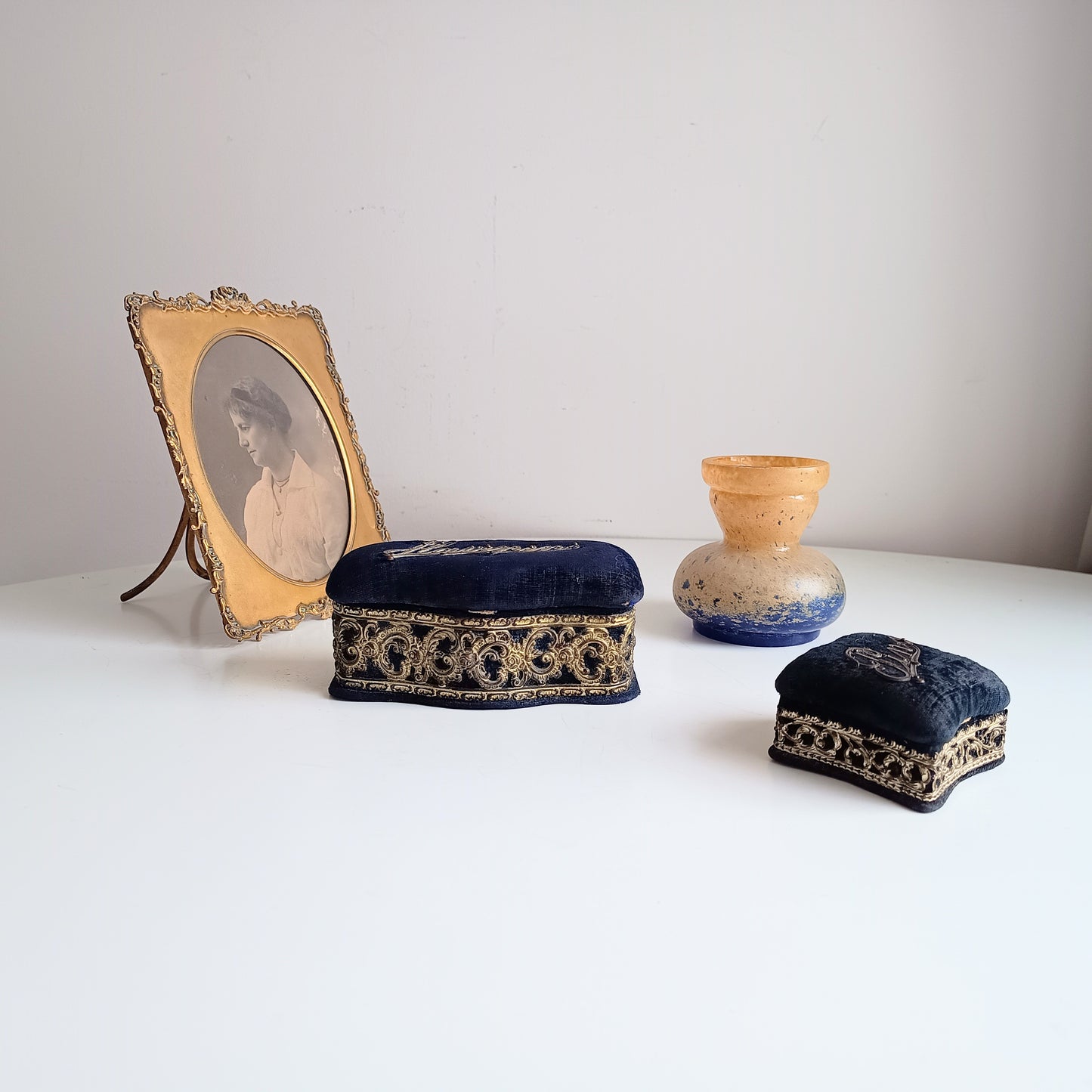 Two Antique Victorian Pin Cushions: Navy Velvet, Metal Lace Ornament, c 1890