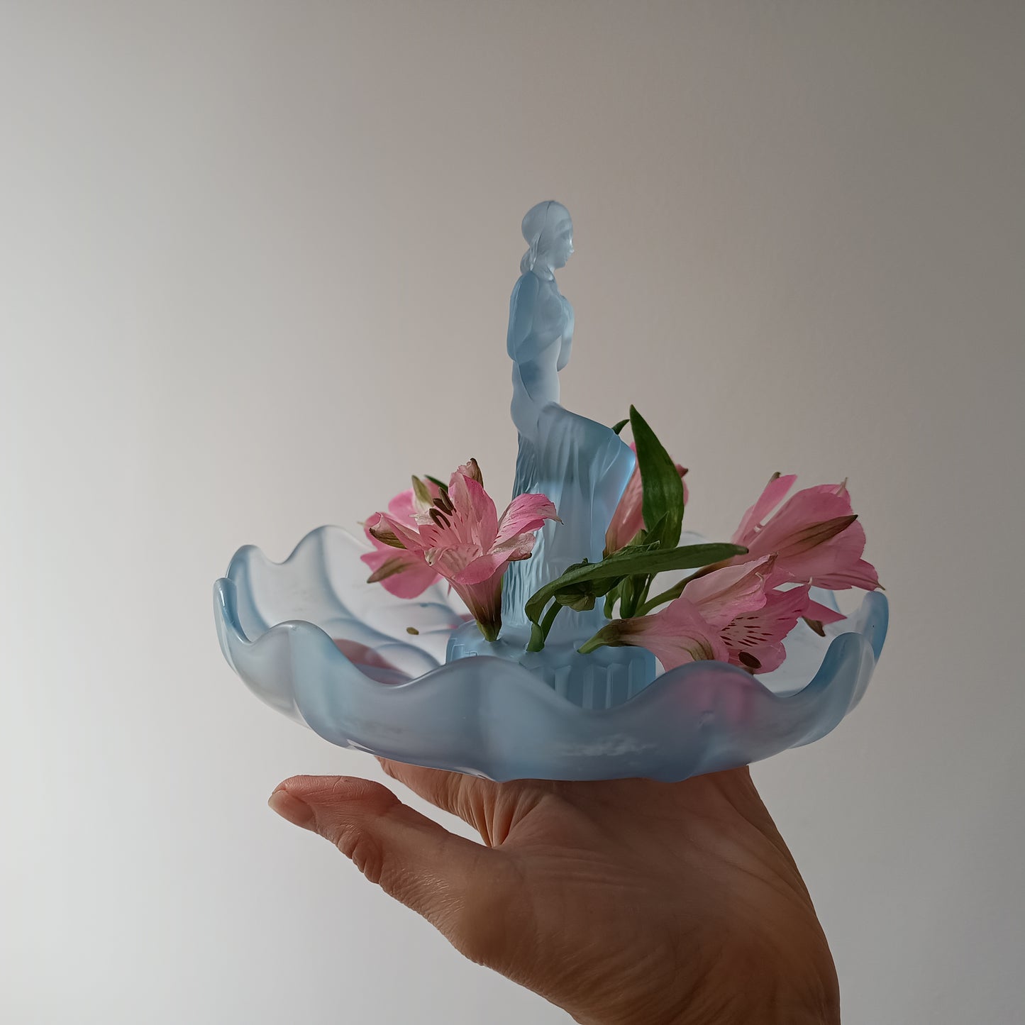 Vintage English Art Deco Pressed Glass Sculpture and Bowl: Flower Frog Centrepiece, Sowerby