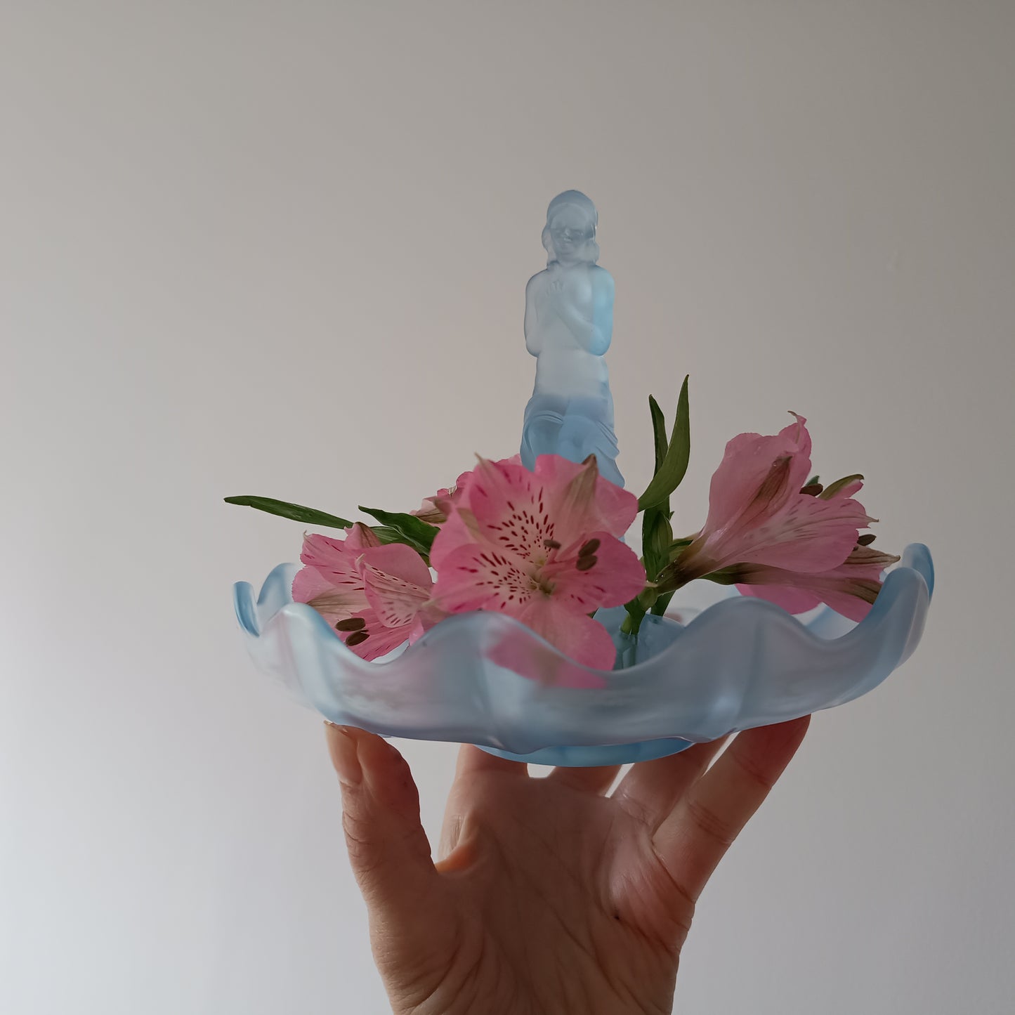 Vintage English Art Deco Pressed Glass Sculpture and Bowl: Flower Frog Centrepiece, Sowerby