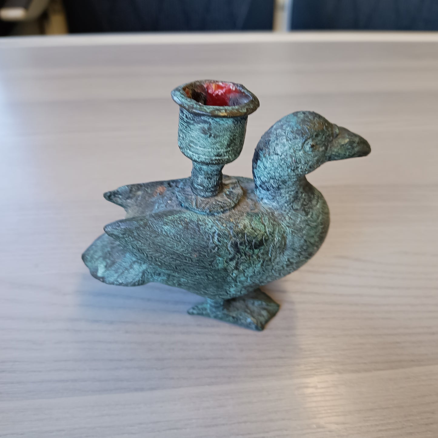 Antique Verdigris Bronze or Brass Zoomorphic Candle Holder