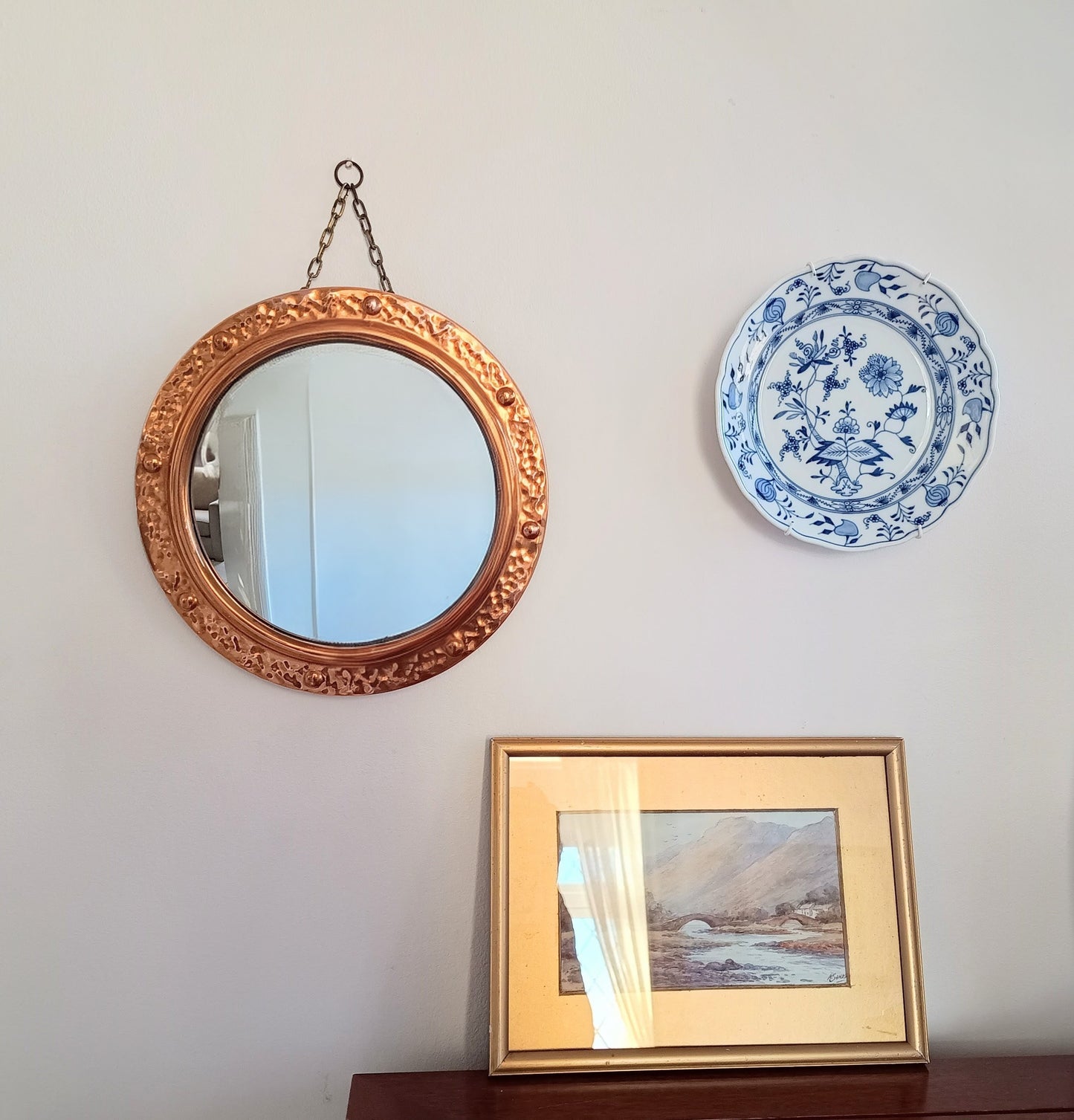 Vintage English Hammered Copper Frame with Lightly Convex Mirror, Nautical Style, 1950s