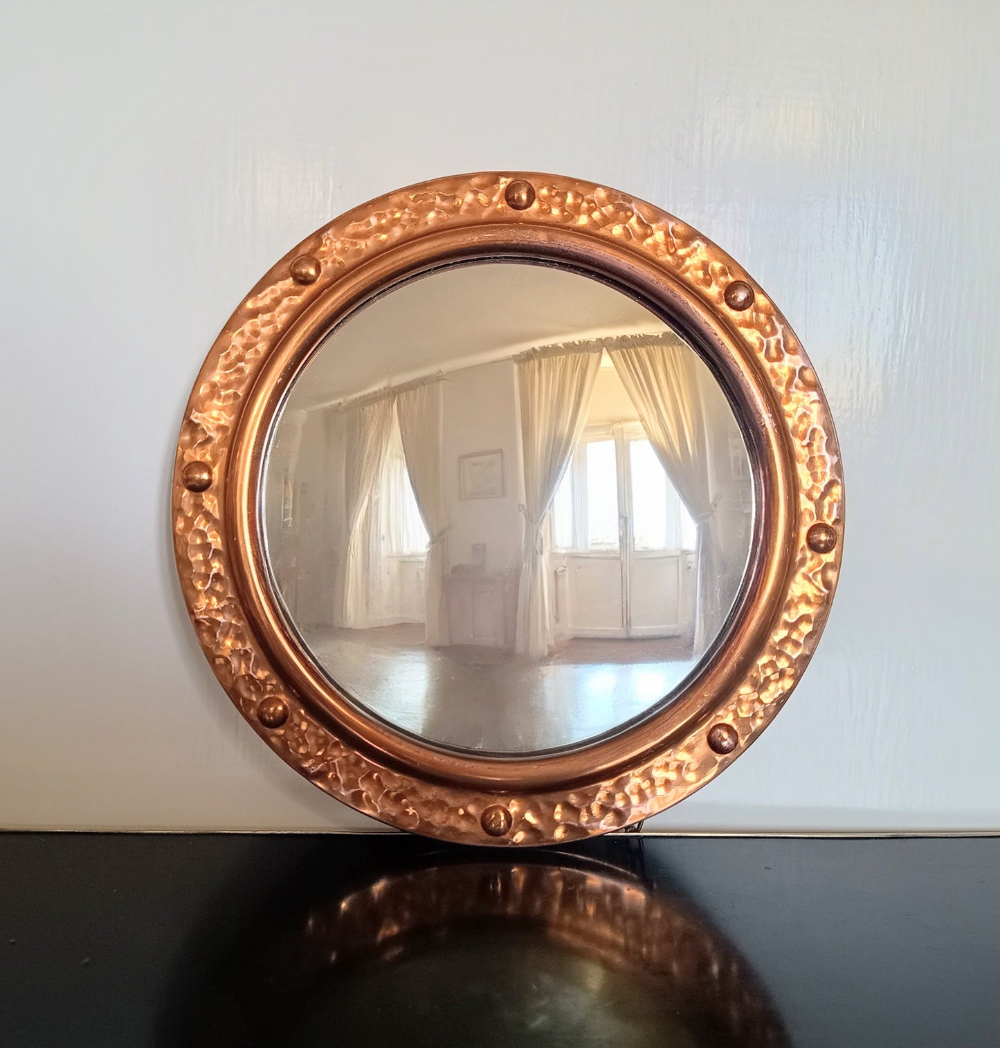 Vintage English Hammered Copper Frame with Lightly Convex Mirror, Nautical Style, 1950s