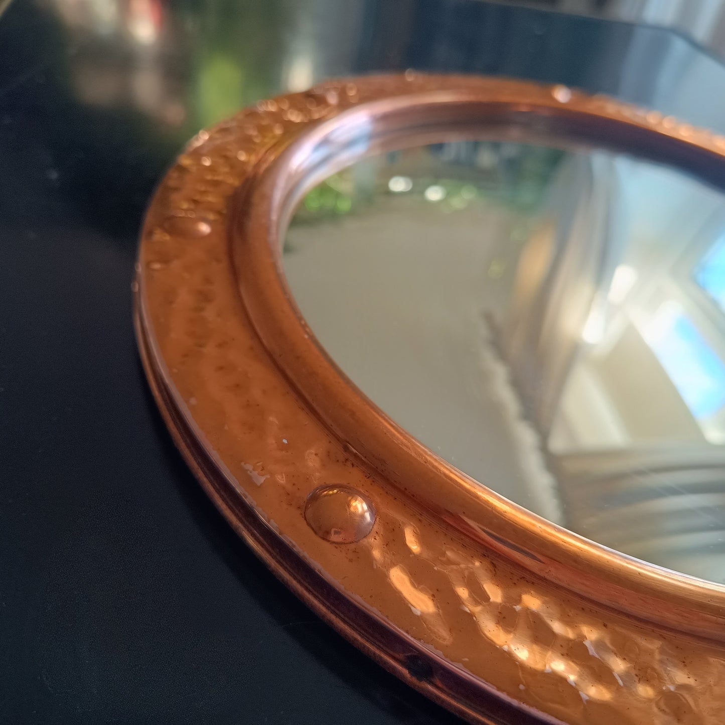 Vintage English Hammered Copper Frame with Lightly Convex Mirror, Nautical Style, 1950s