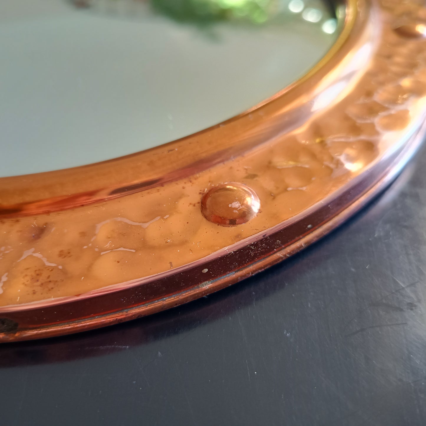 Vintage English Hammered Copper Frame with Lightly Convex Mirror, Nautical Style, 1950s