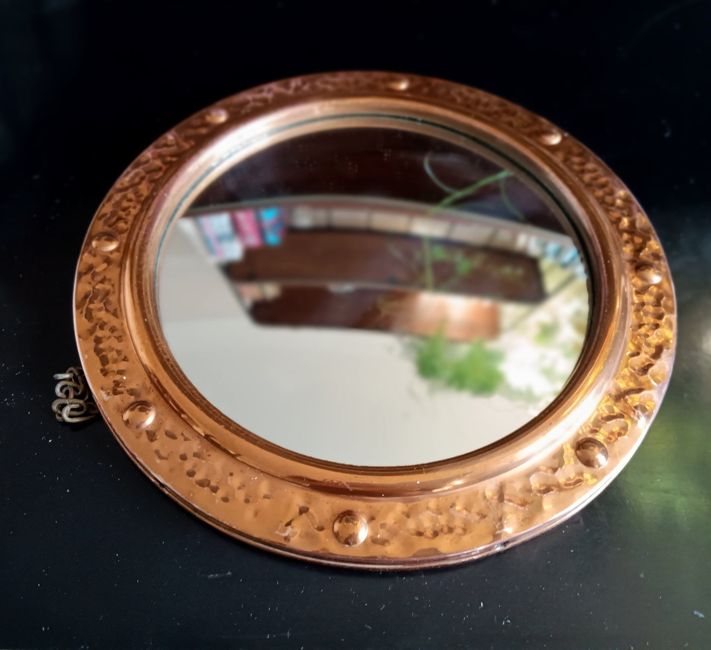 Vintage English Hammered Copper Frame with Lightly Convex Mirror, Nautical Style, 1950s
