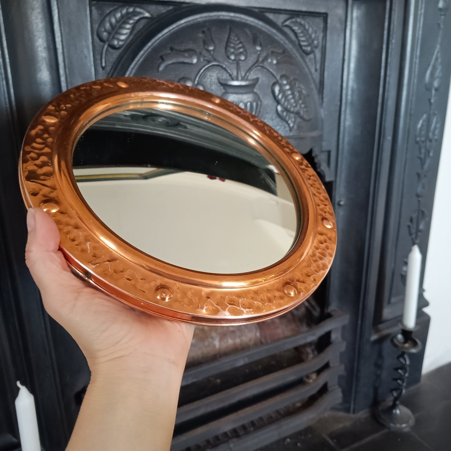 Vintage English Hammered Copper Frame with Lightly Convex Mirror, Nautical Style, 1950s