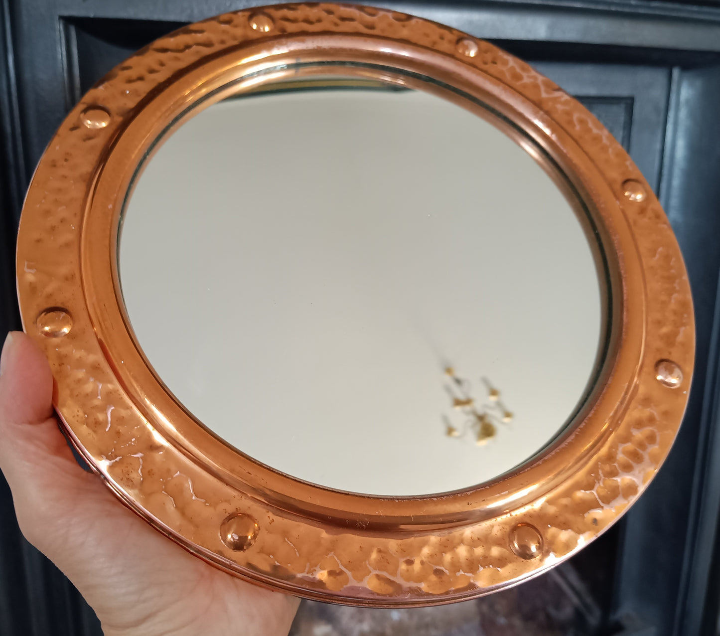 Vintage English Hammered Copper Frame with Lightly Convex Mirror, Nautical Style, 1950s