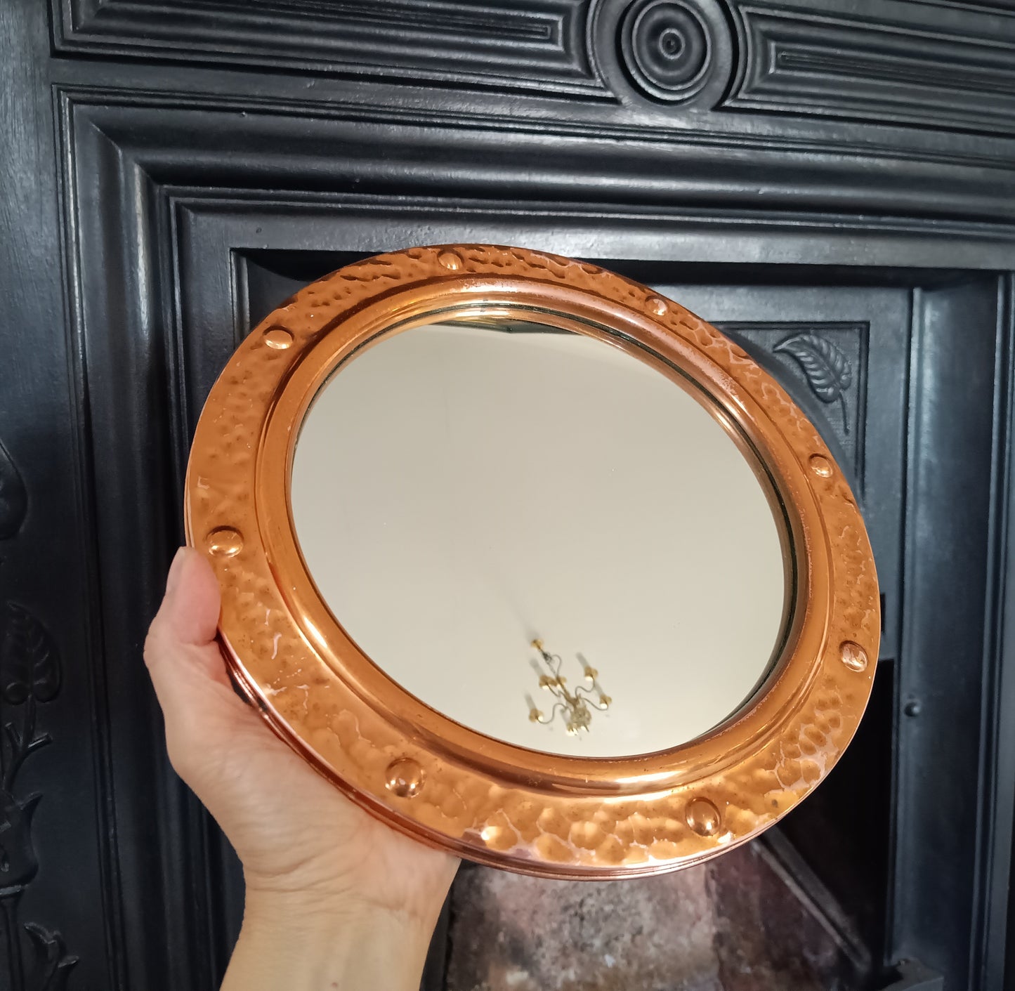 Vintage English Hammered Copper Frame with Lightly Convex Mirror, Nautical Style, 1950s