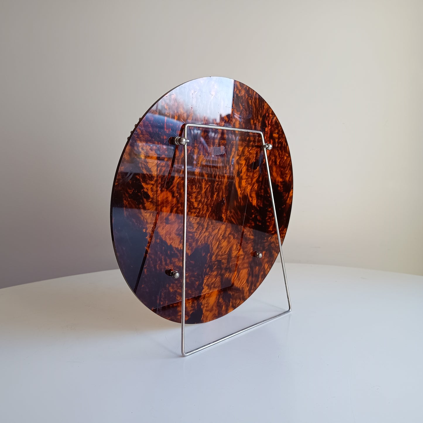 Large Vintage Midcentury Modern Round Tortoiseshell Lucite Tabletop Frame in the style of Christian Dior Home