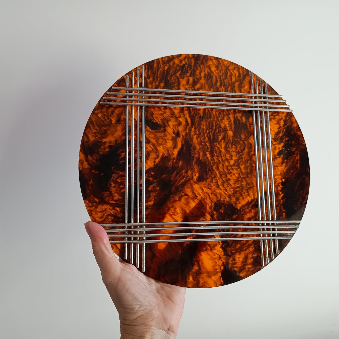 Large Vintage Midcentury Modern Round Tortoiseshell Lucite Tabletop Frame in the style of Christian Dior Home