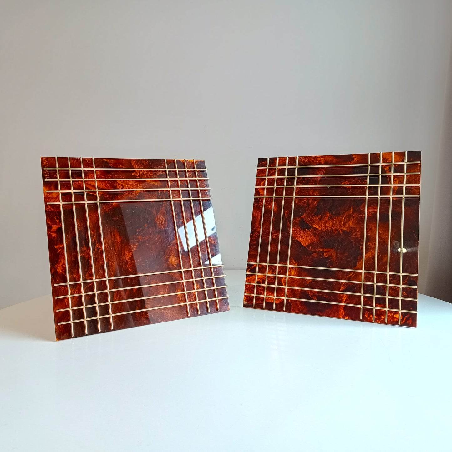 Pair of Large Vintage Sculptural Midcentury Faux Tortoiseshell Lucite Tabletop Frames in the style of Christian Dior Home