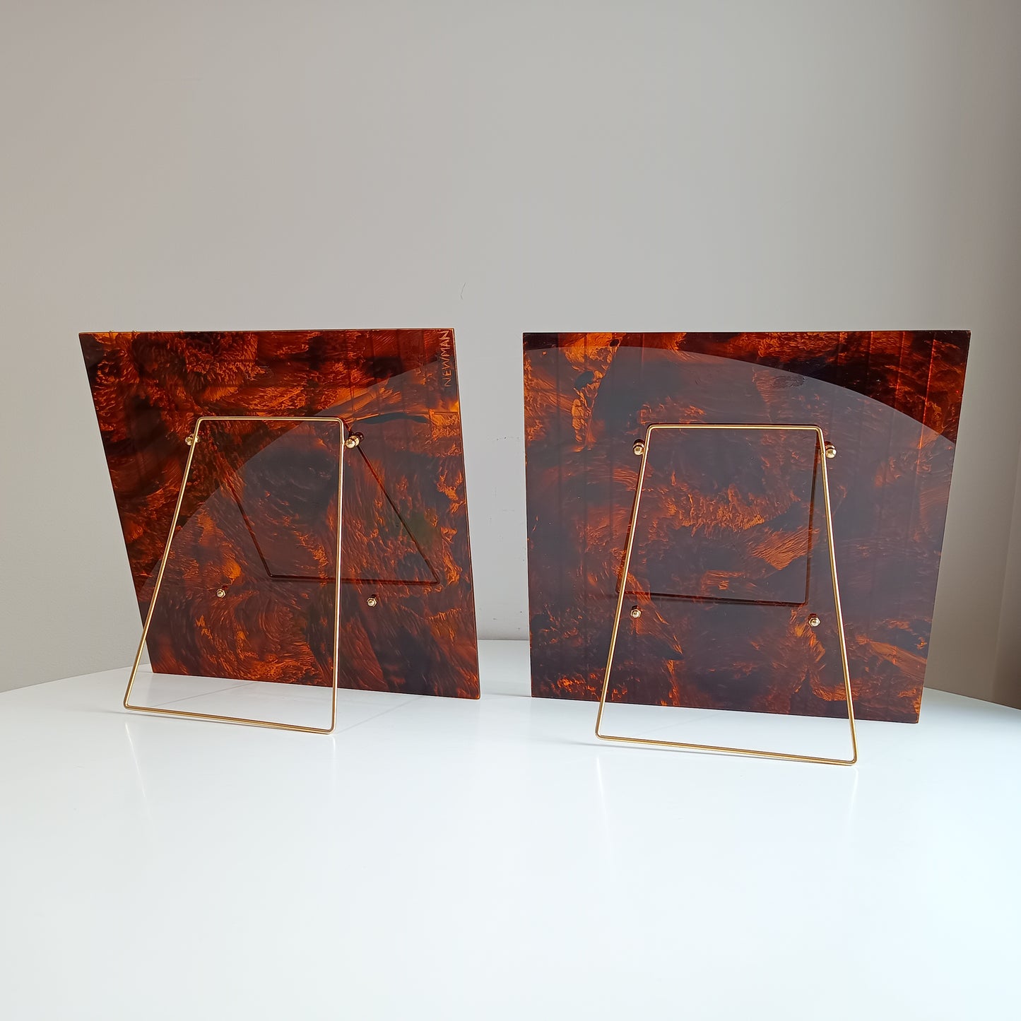 Pair of Large Vintage Sculptural Midcentury Faux Tortoiseshell Lucite Tabletop Frames in the style of Christian Dior Home