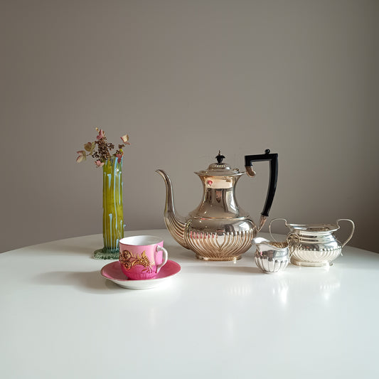 Large Vintage English Silver Plate Coffee Pot: Georgian Style, Sugar / Biscuits Bowl plus Creamer