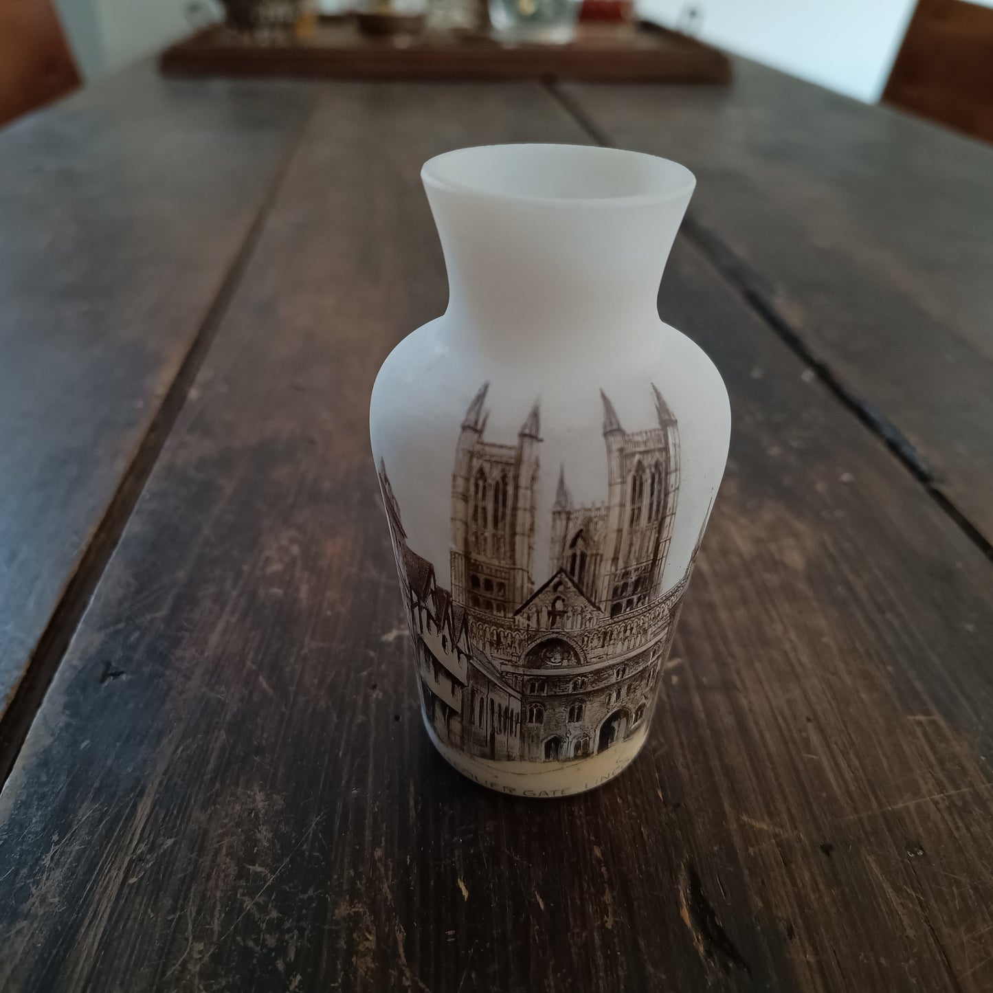 Victorian White Opaline Glass Souvenir Vase – Lincoln Cathedral Sepia Transfer, c.1890