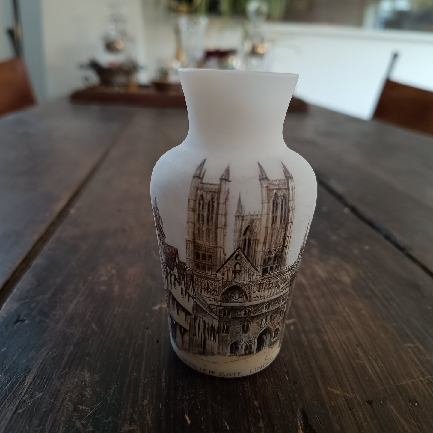 Victorian White Opaline Glass Souvenir Vase – Lincoln Cathedral Sepia Transfer, c.1890