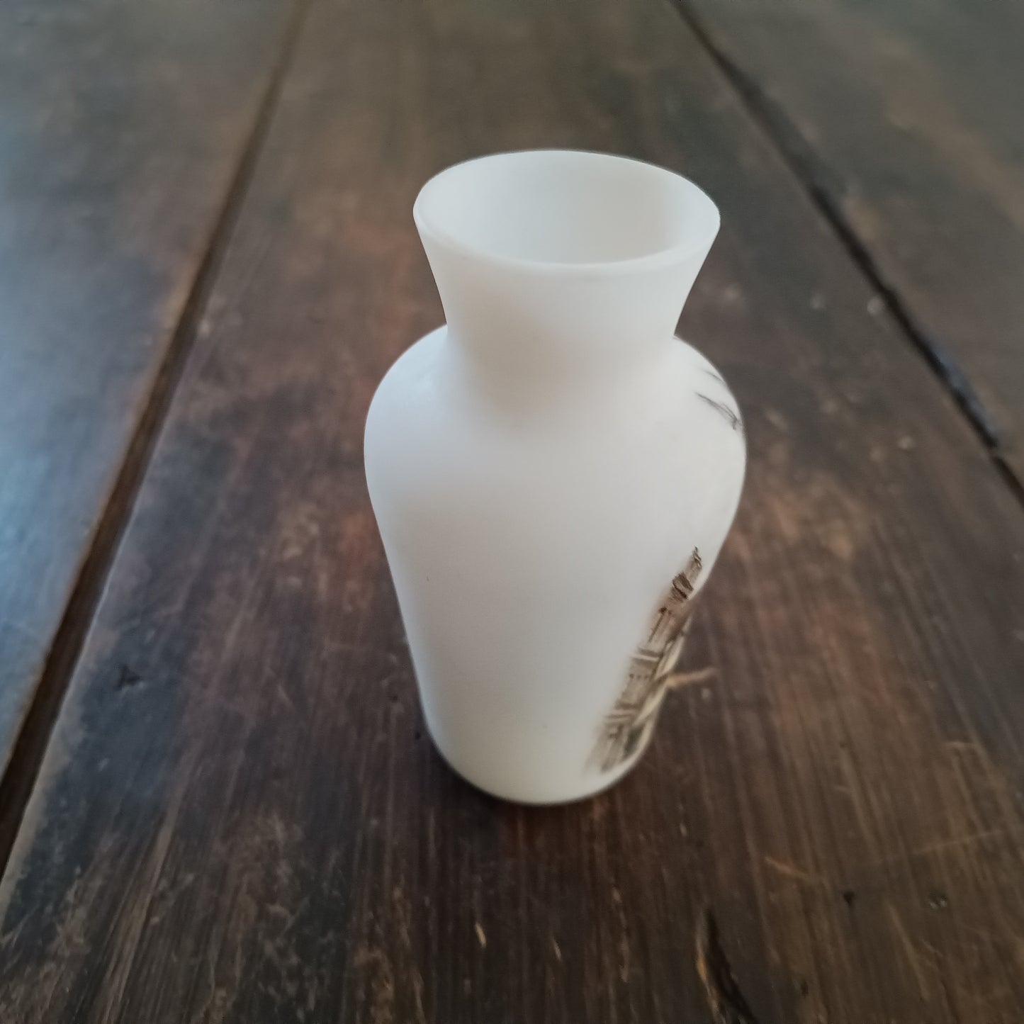 Victorian White Opaline Glass Souvenir Vase – Lincoln Cathedral Sepia Transfer, c.1890