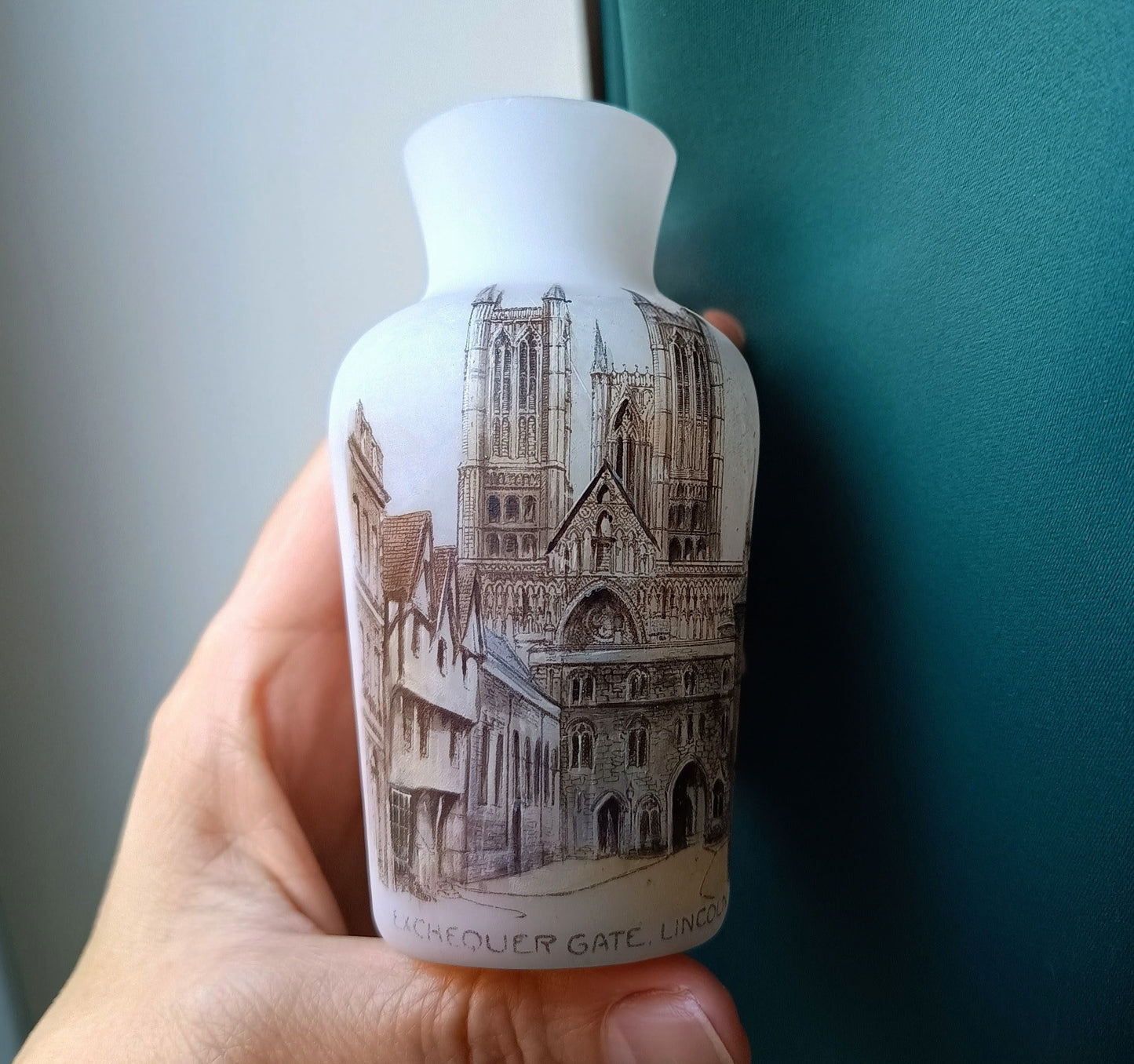 Victorian White Opaline Glass Souvenir Vase – Lincoln Cathedral Sepia Transfer, c.1890